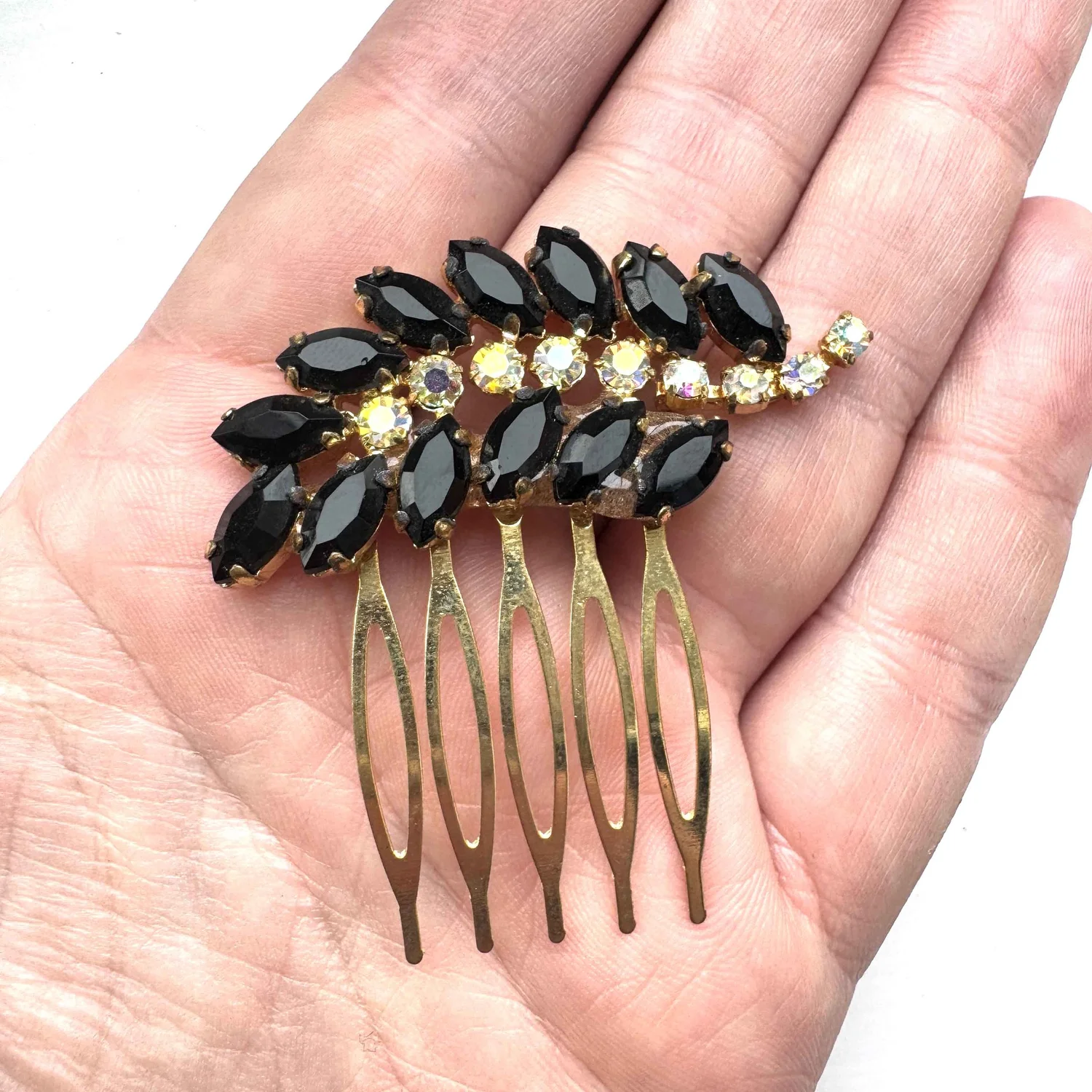 1950s Vintage Black and Aurora Rhinestone Hair Comb 