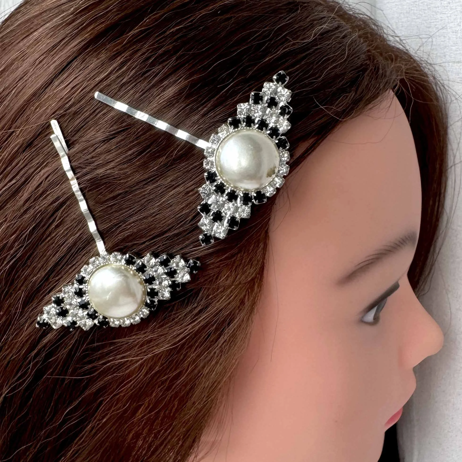 vintage 1950s black white jewelled art deco pearl hair clips, vintage hair accessories