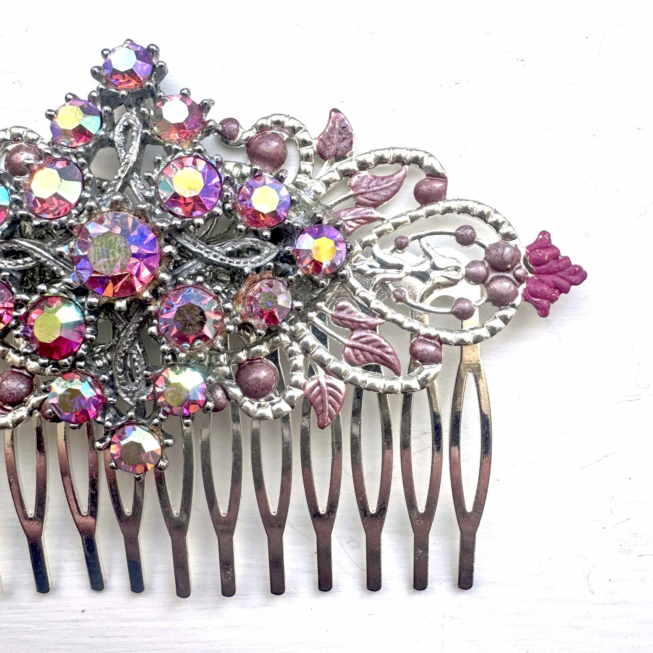 1950s pink jewelled vintage hair slide, antique hair accessories