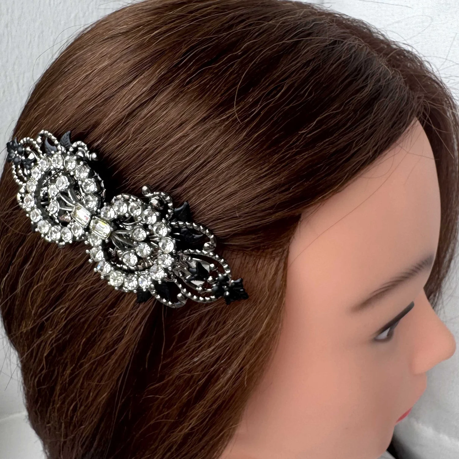 Vintage 1920s Black and Silver Rhinestone Hair Barrette  display picture 1