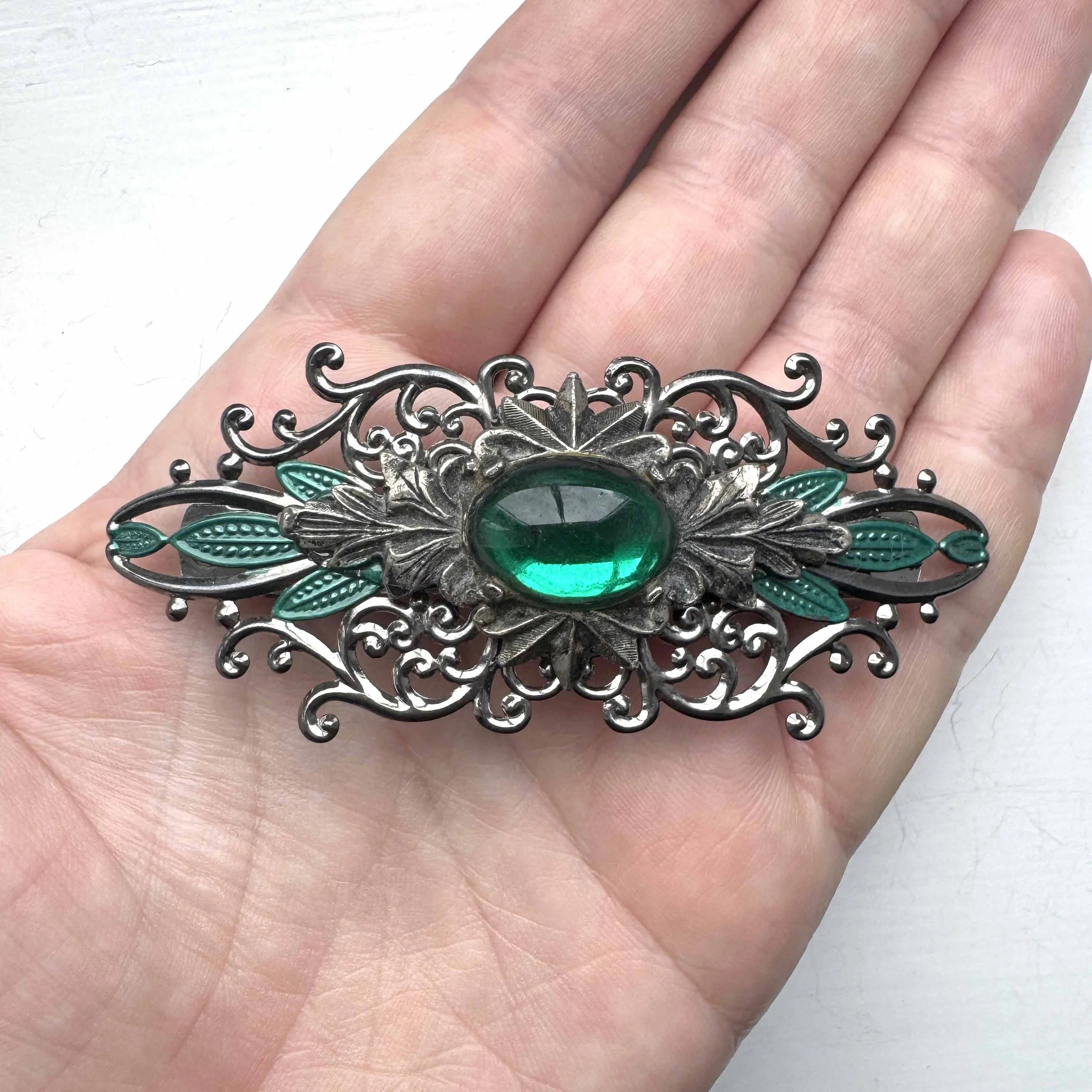 vintage silver emerald green hair clasp, vintage hair accessories