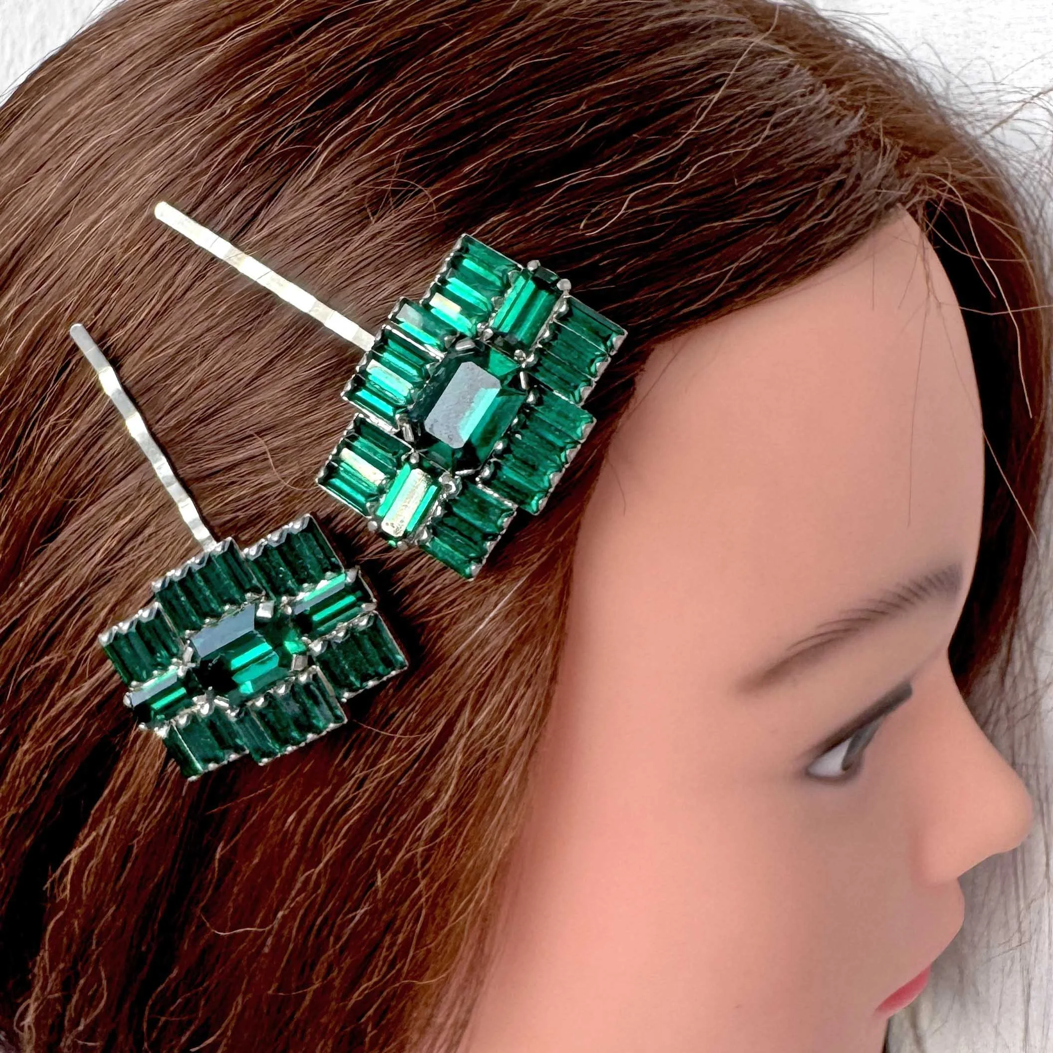 vintage art deco dark green hair clips, vintage hair clips, vintage hair accessories