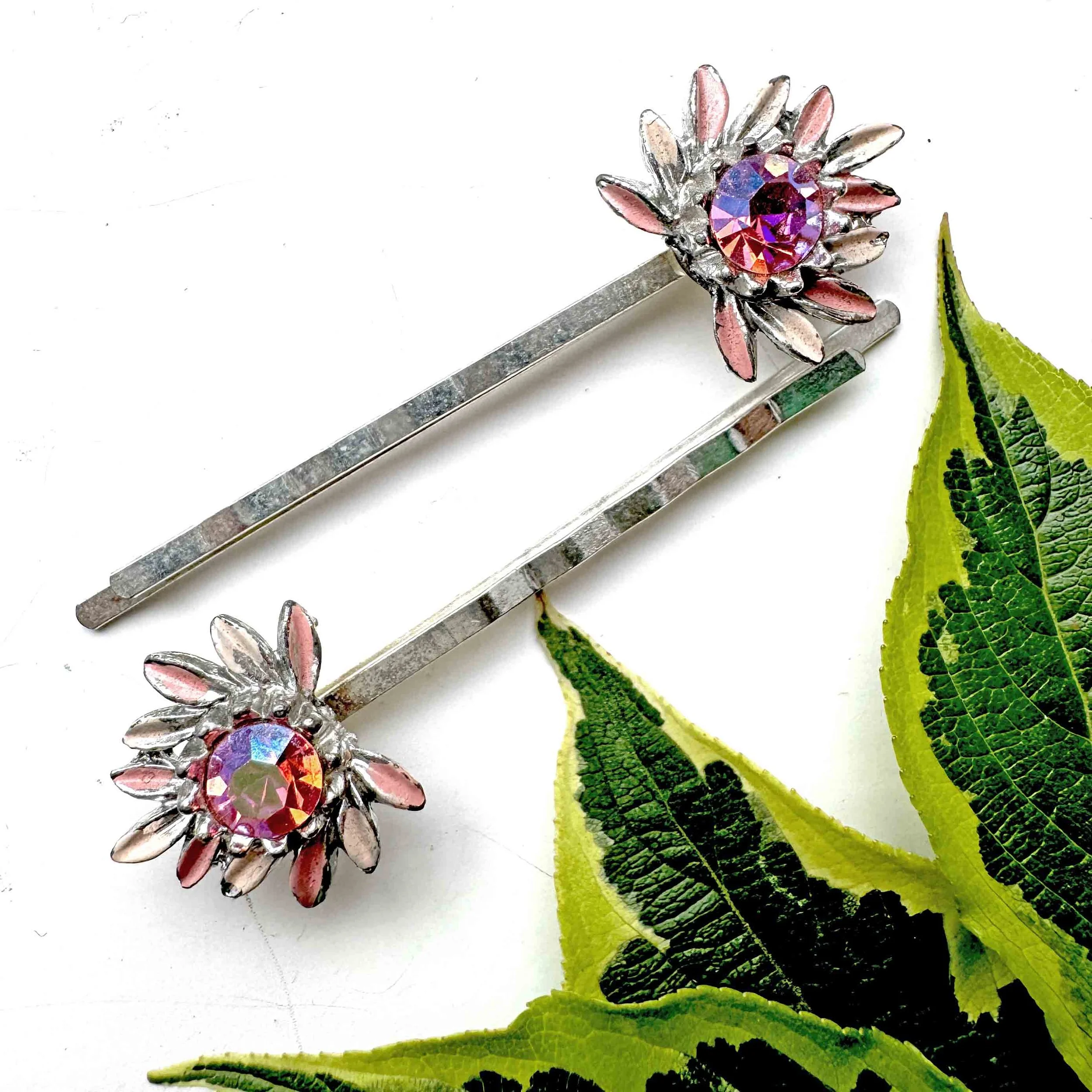 vintage aurora pink flower hair pins, vintage hair accessories