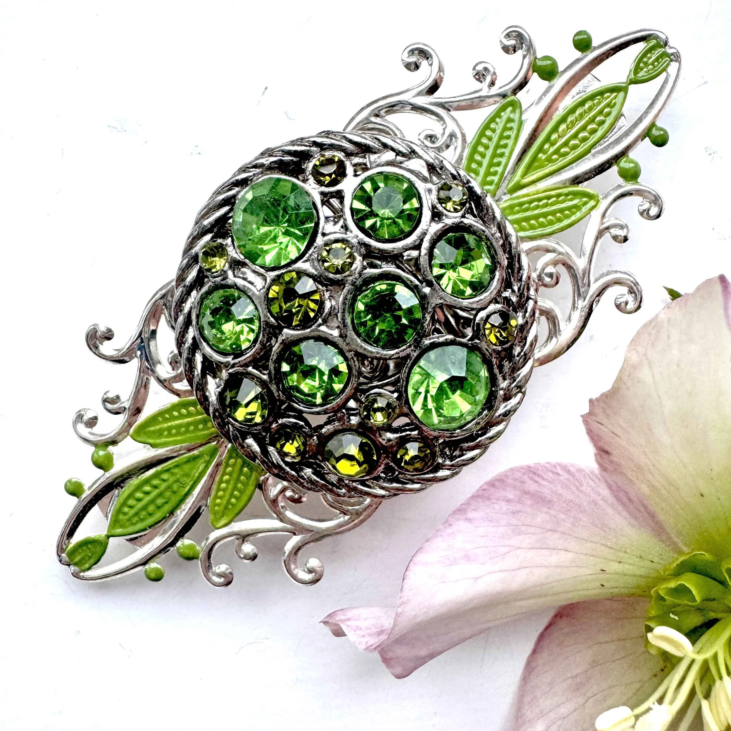 vintage spring green jewelled hair barrette, vintage hair accessories