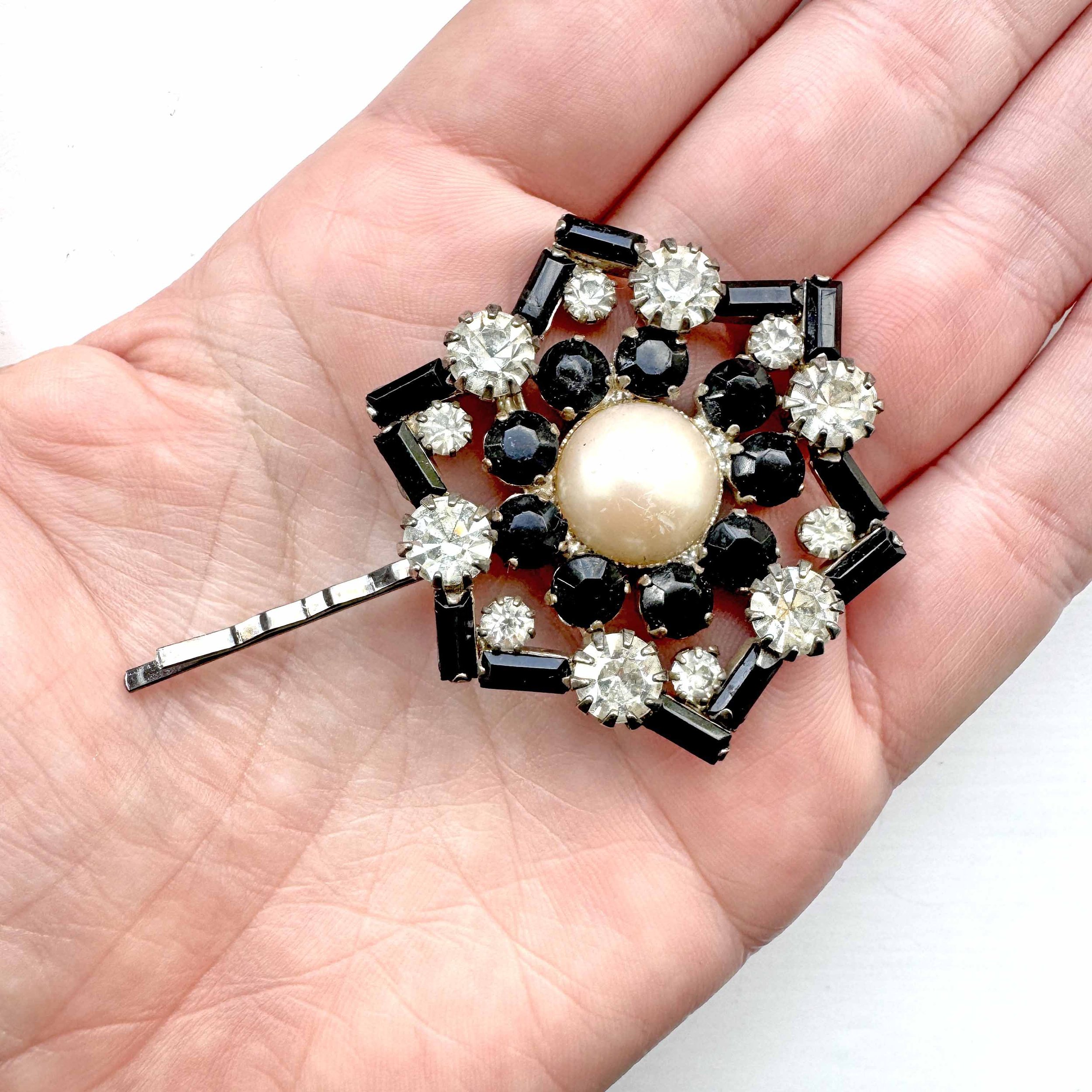 vintage silver black rhinestone pearl hair pin, vintage hair accessories
