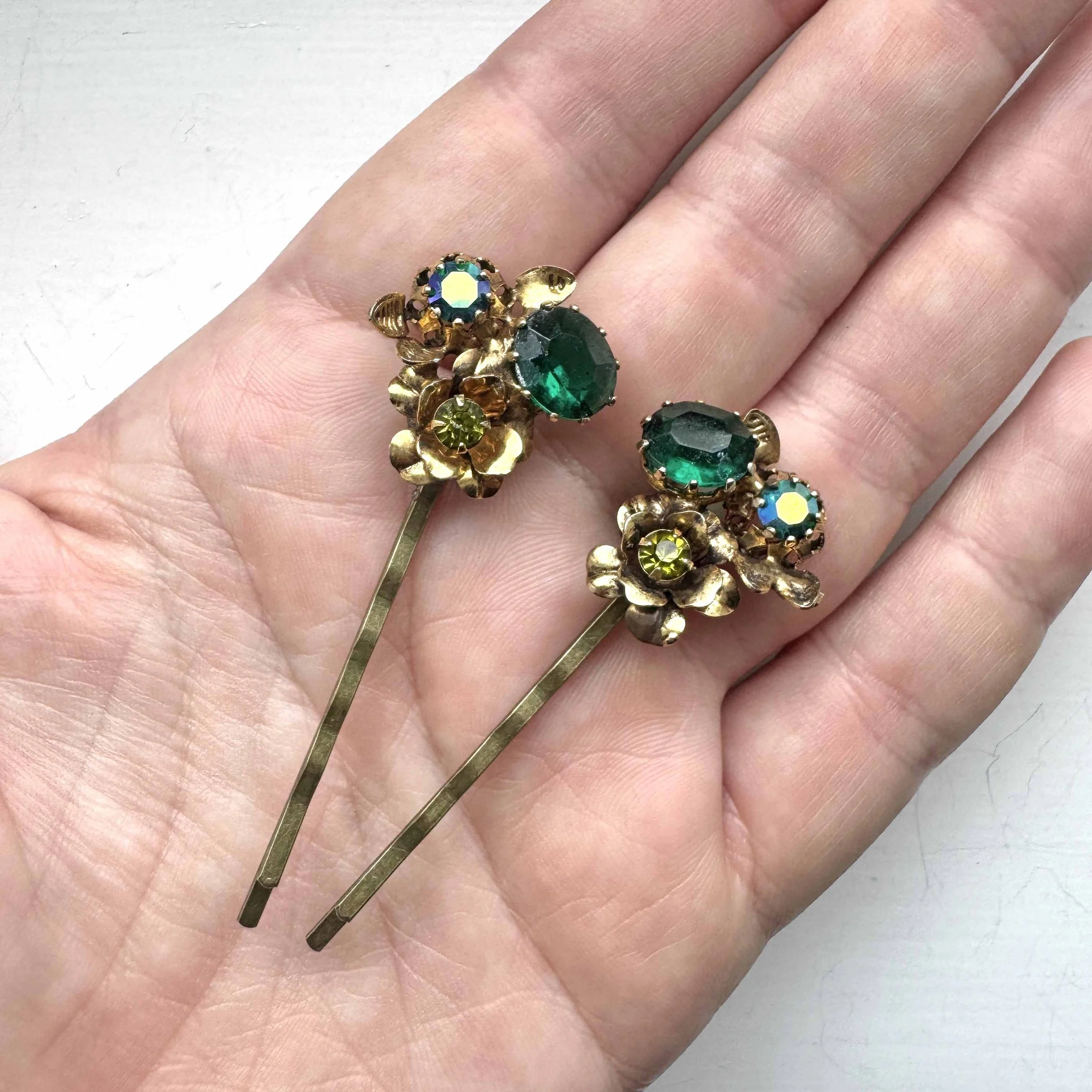 vintage green gold flower hair slides, vintage hair accessories