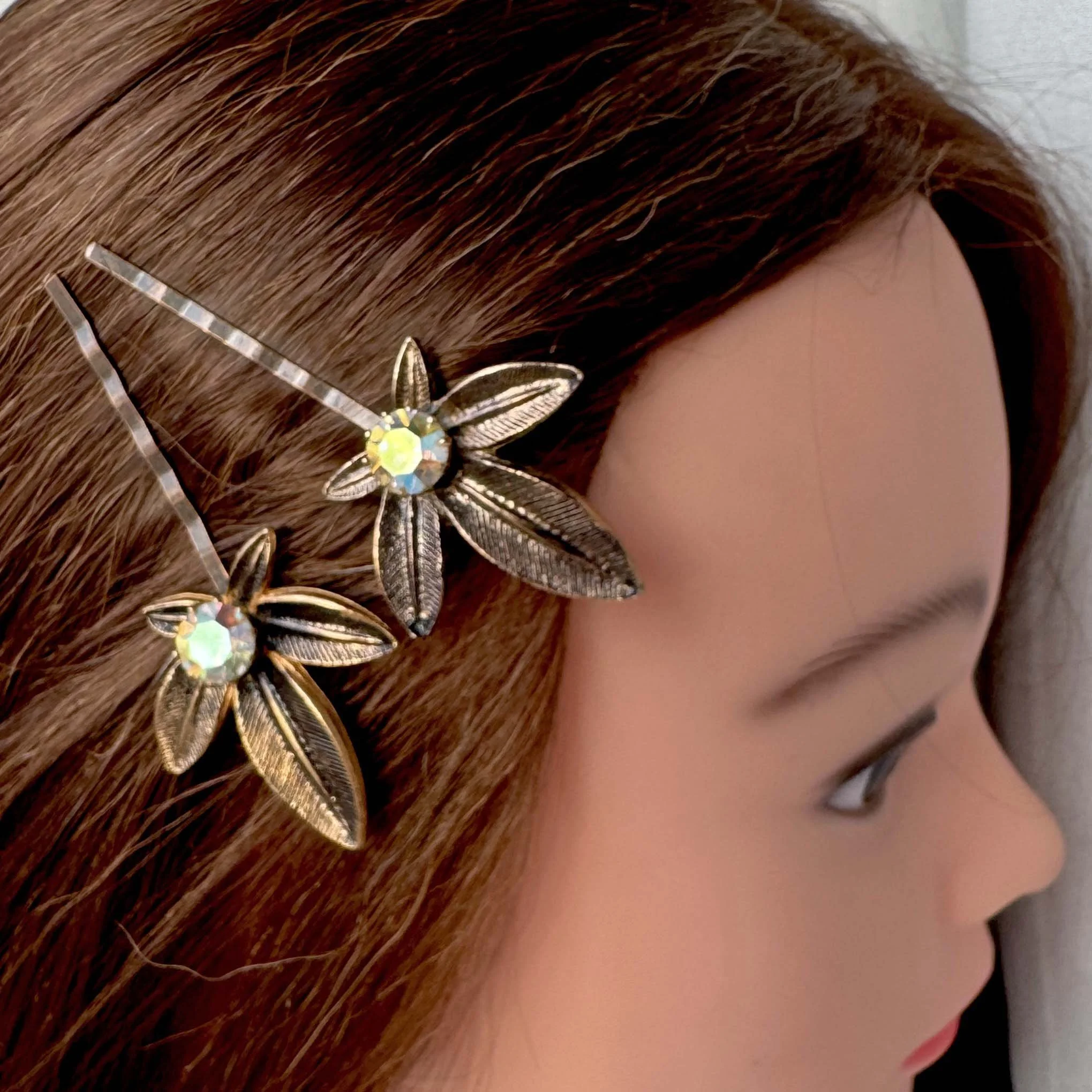 vintage bronze leaf hair clips, vintage hair clips, vintage hair accessories