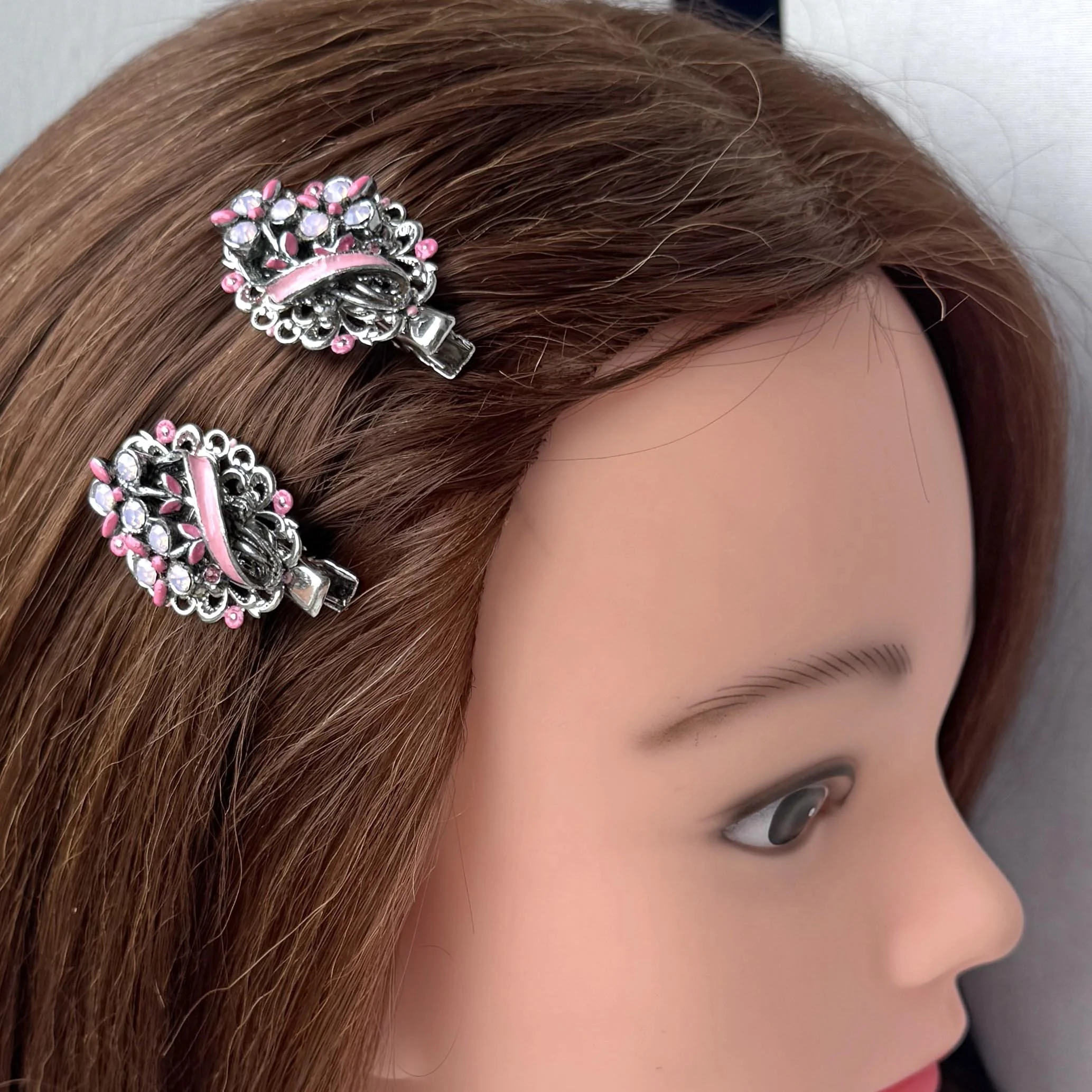 1950s vintage pink rhinestone flower hair slides - vintage hair accessories
