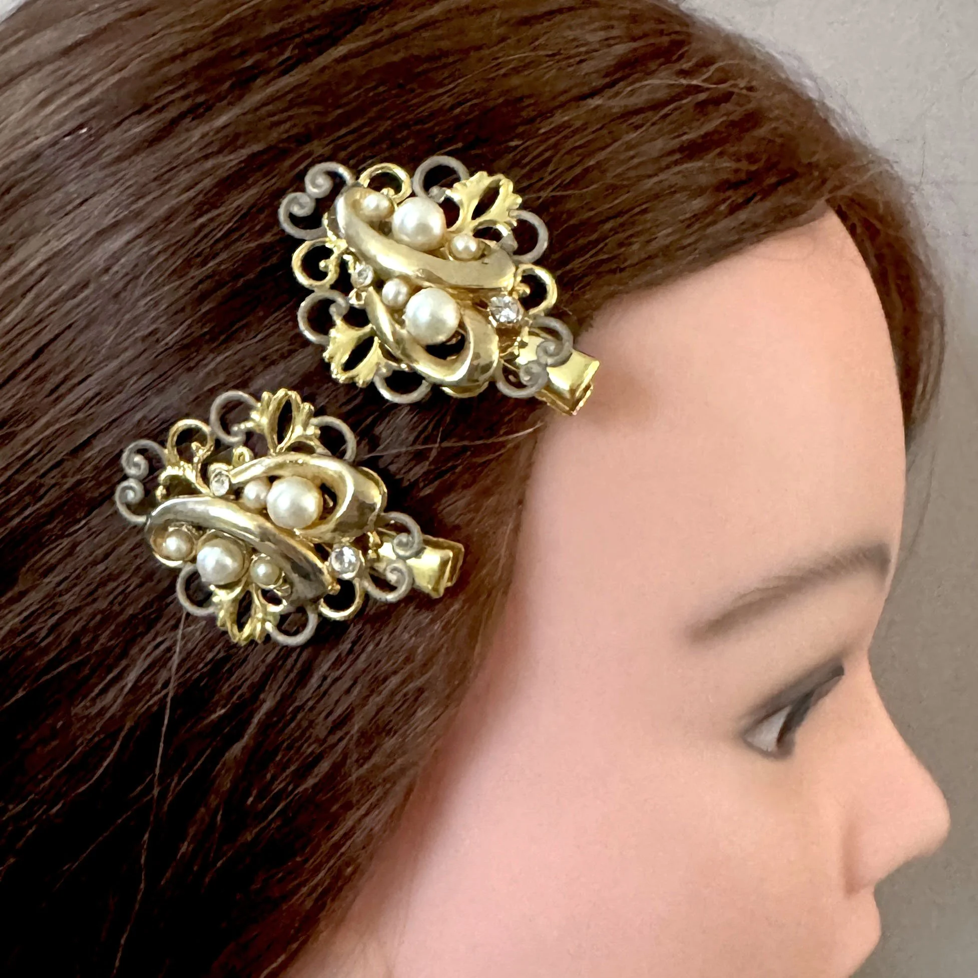 vintage gold pearl hair slides, vintage hair accessories
