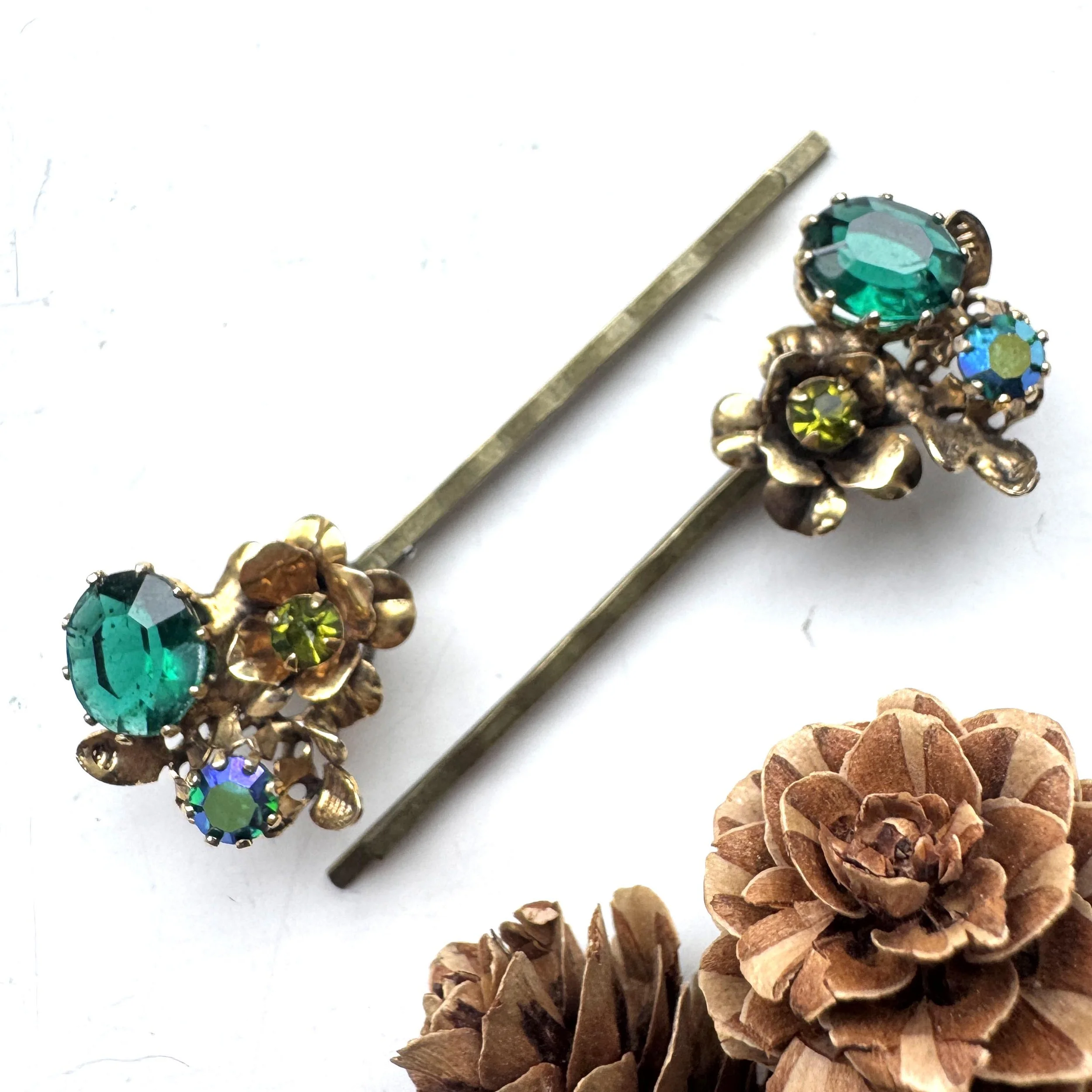 vintage green gold flower hair pins, vintage hair accessories