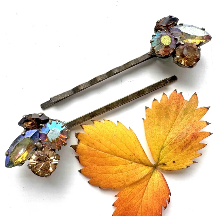 Vintage 1950s Amber Rhinestone Pearl Hair Pins — Vintage  display picture 1