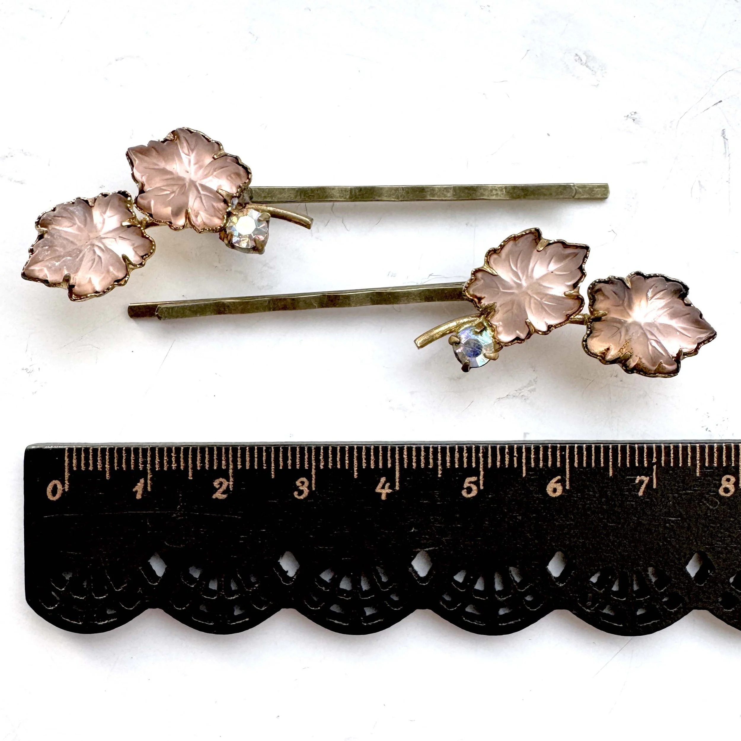 1930s vintage pink leaf bobby pins, antique bobby pins, vintage hair accessories