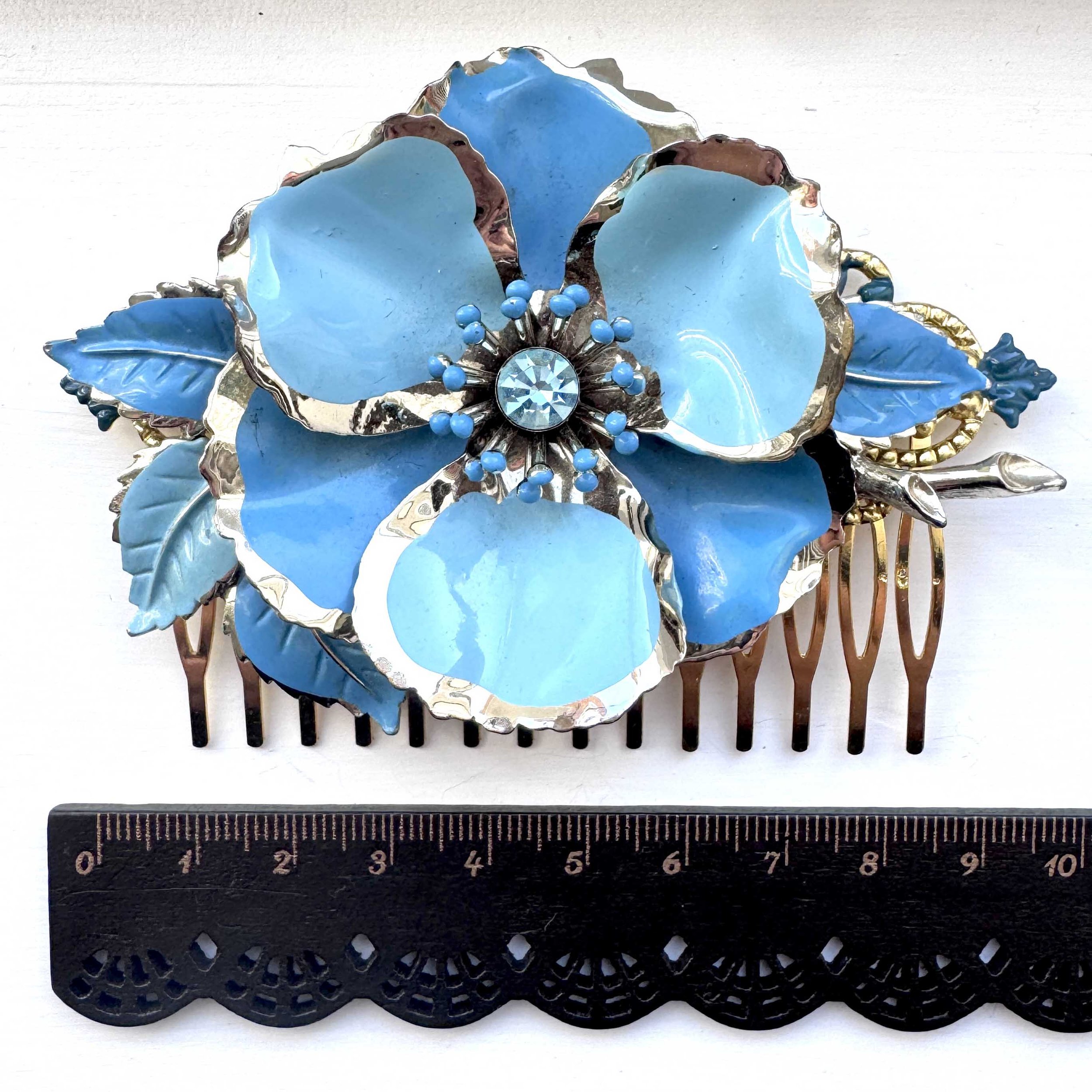 1950s vintage blue rhinestone flower bridal wedding hair slide, vintage hair accessories