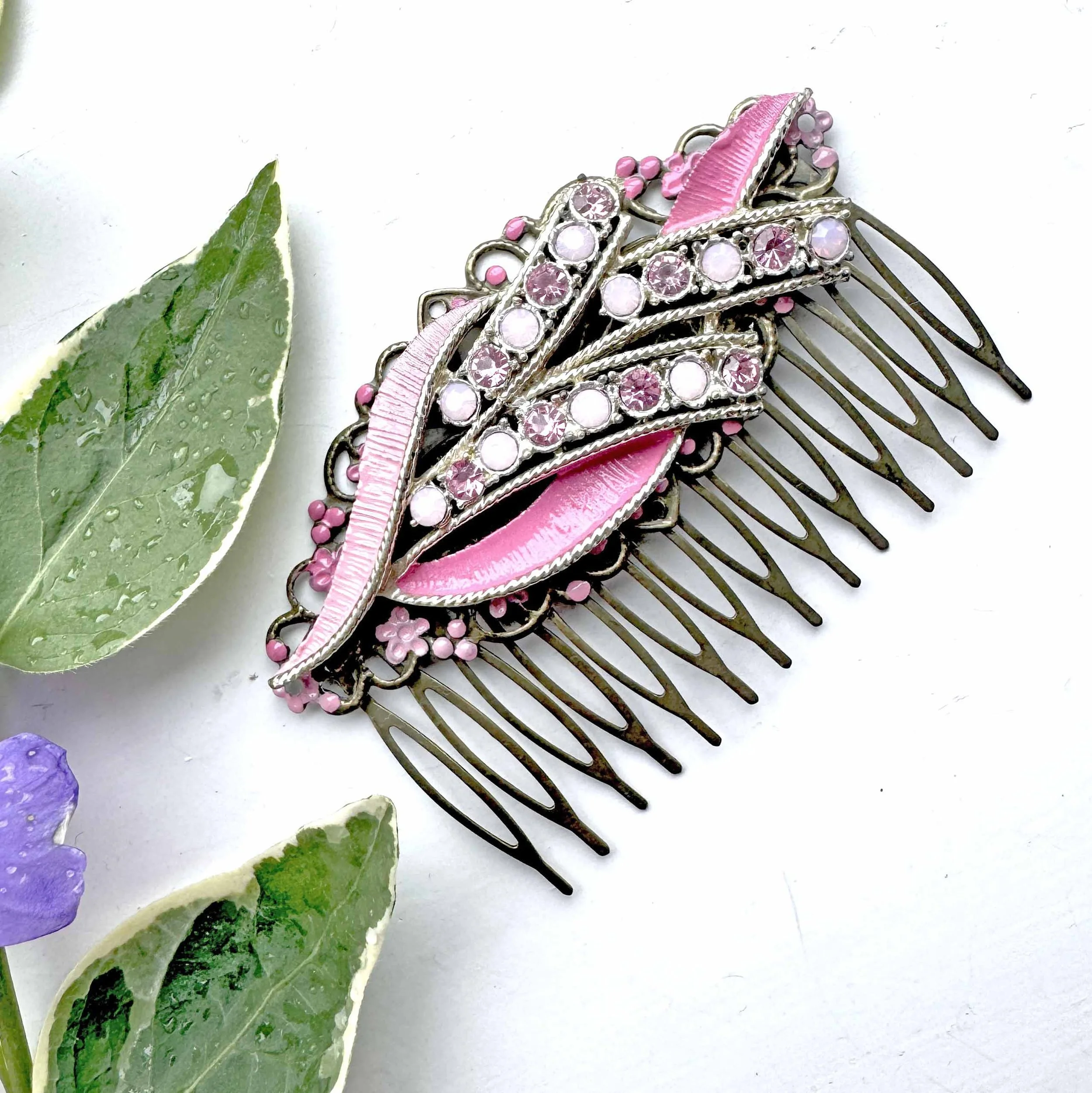 vintage 1950s statement pink rhinestone jewelled bridal wedding hair piece