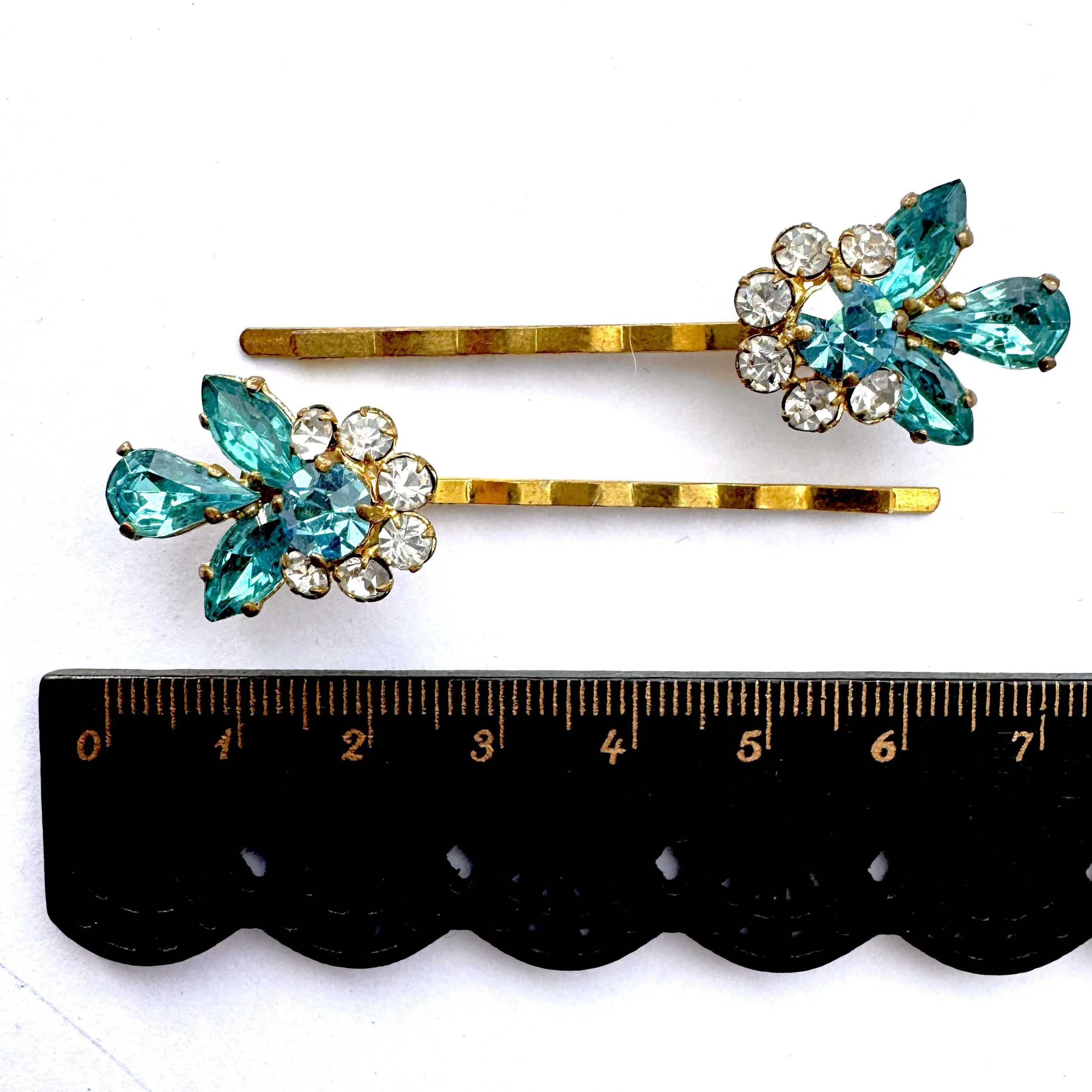 1950s vintage turquoise rhinestone flower bobby pins, vintage hair accessories
