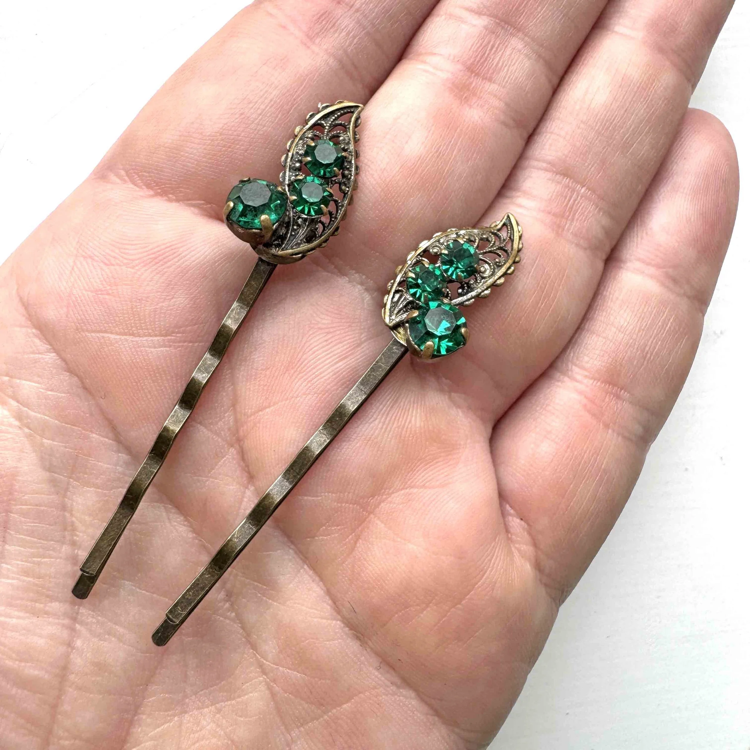1930s vintage dark green rhinestone hair slides, vintage hair accessories