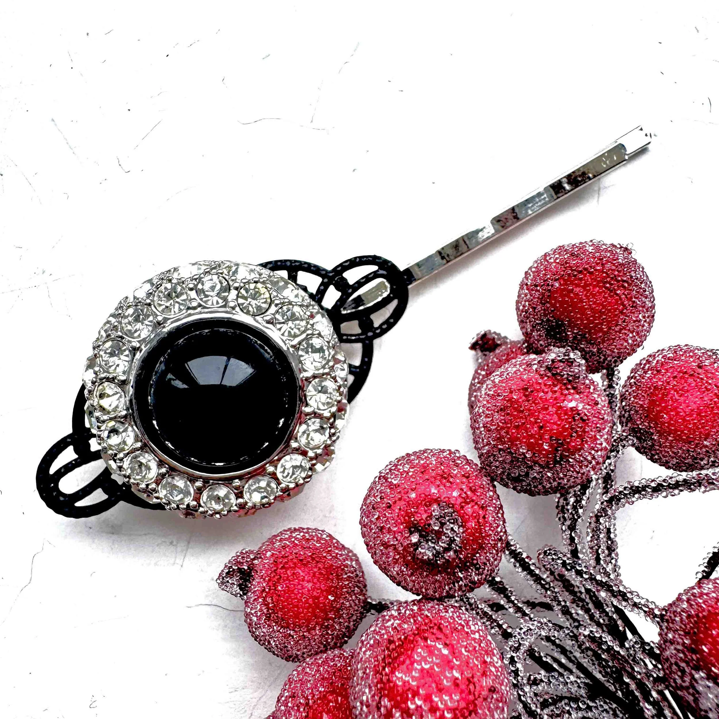 Single Vintage Black Rhinestone Art Deco Hair Pin VA1216
