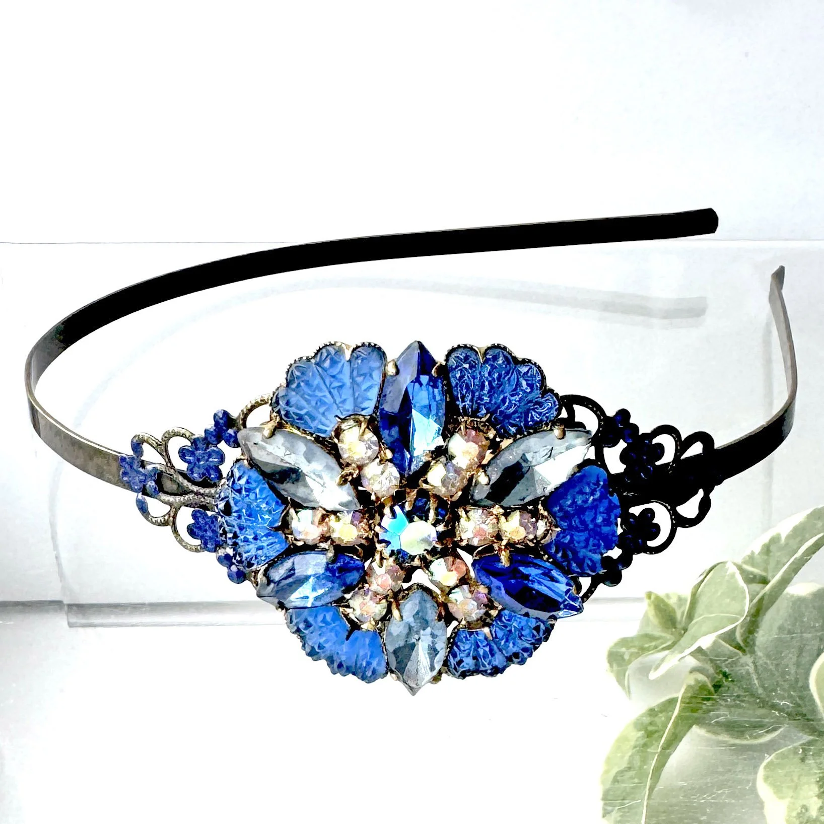 antique blue jewelled flower fascinator, vintage hair accessories