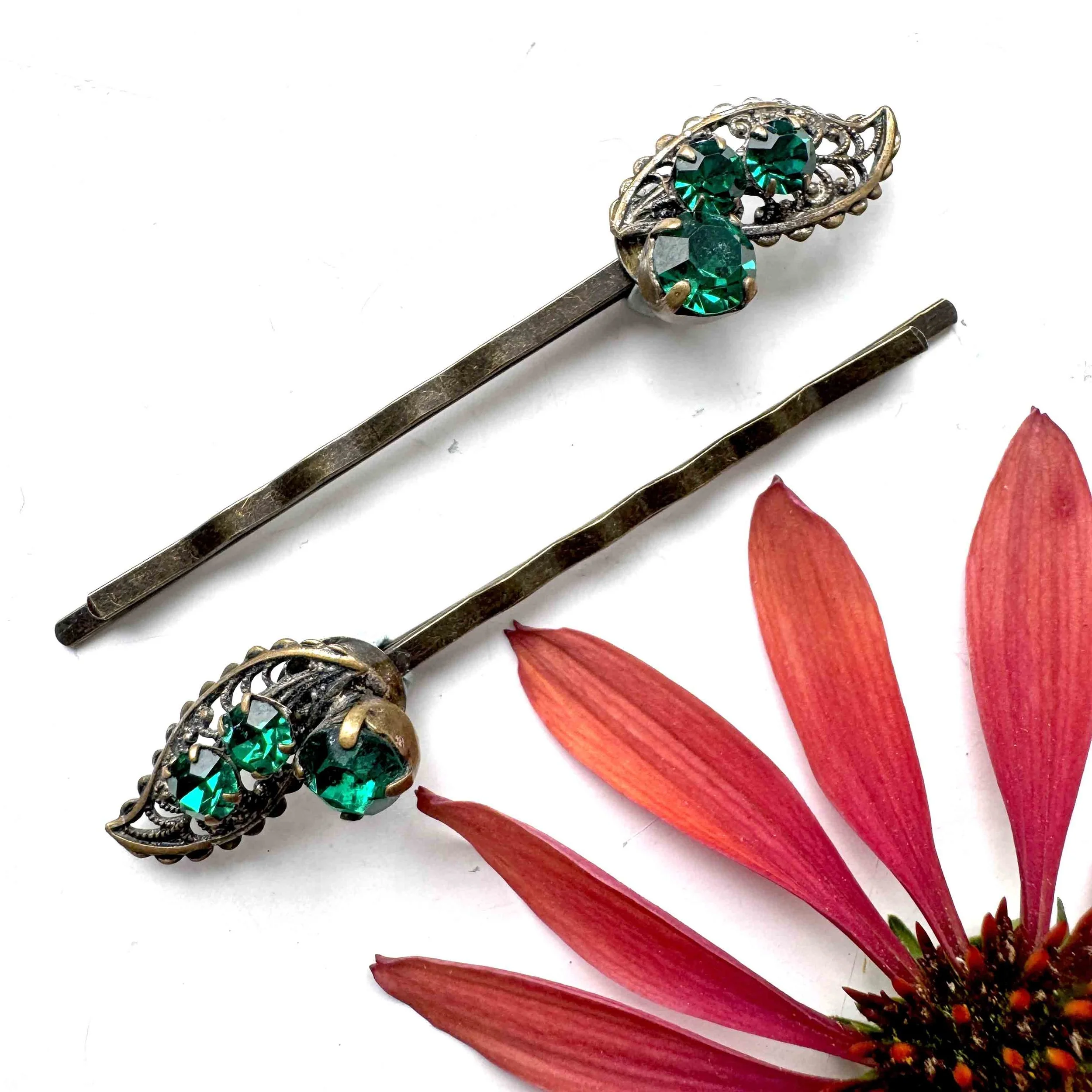 1930s vintage dark green rhinestone hair pins, vintage hair accessories