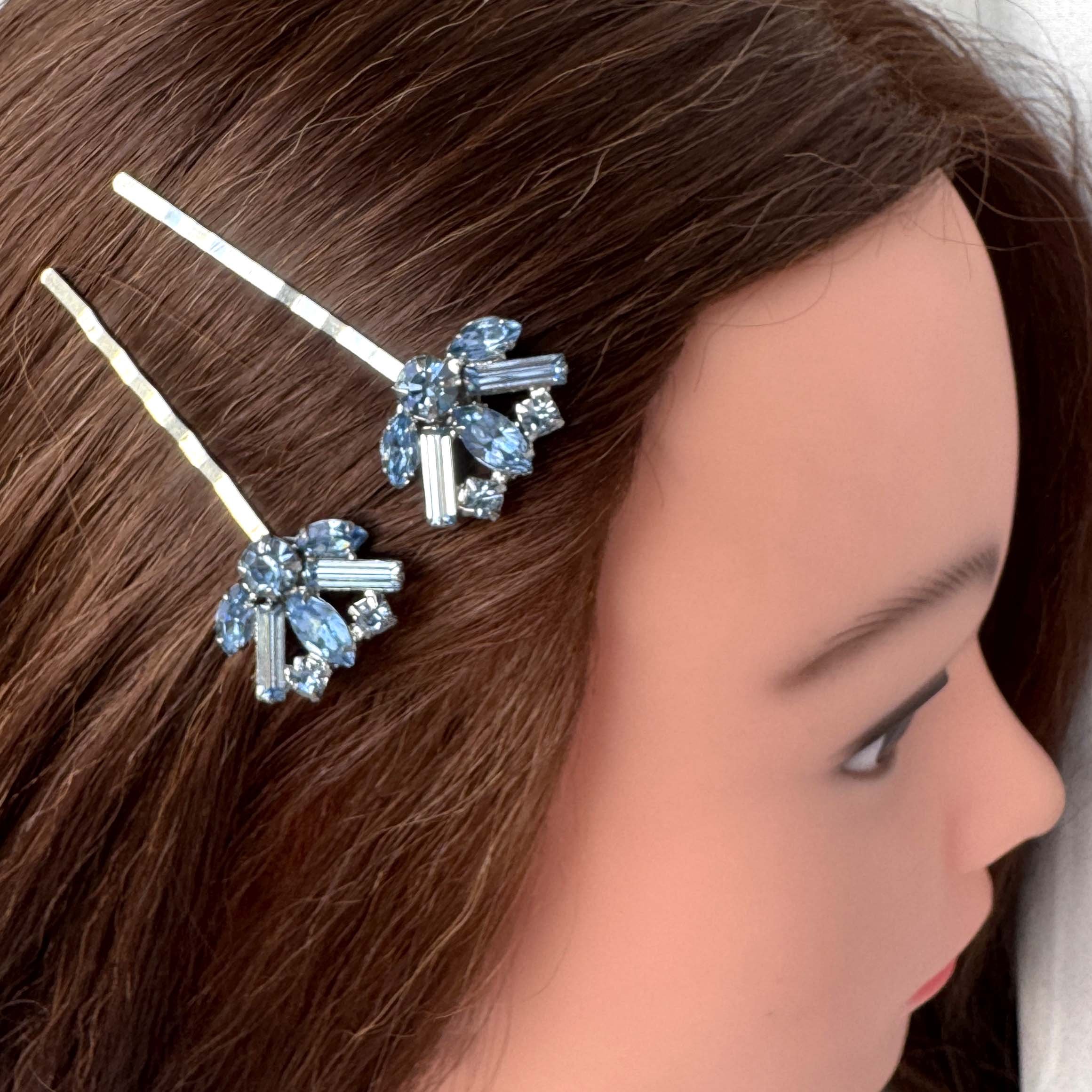 vintage light blue rhinestone hair clips, vintage hair clips, vintage hair accessories