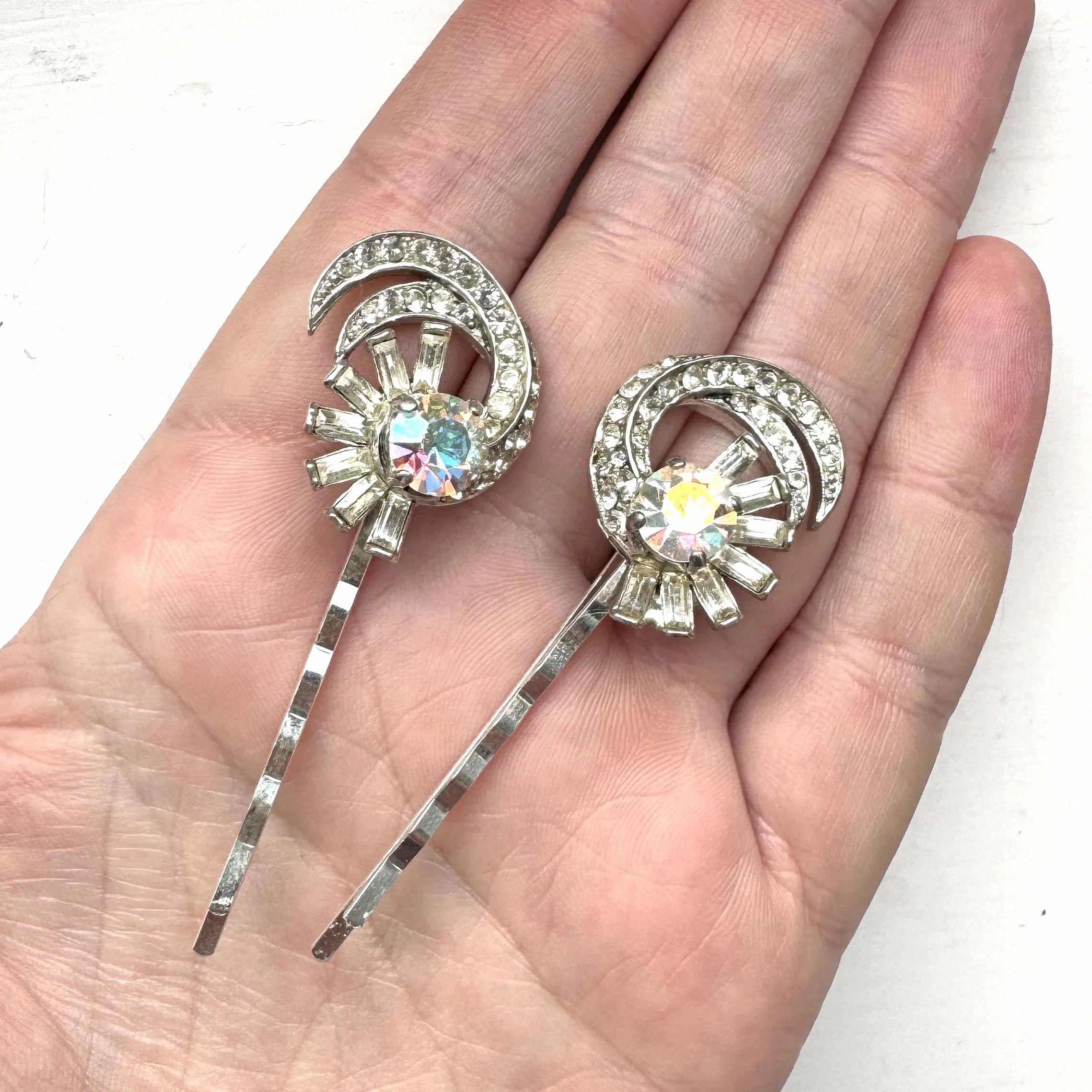 vintage art deco silver hair slides, vintage hair slides, vintage hair accessories