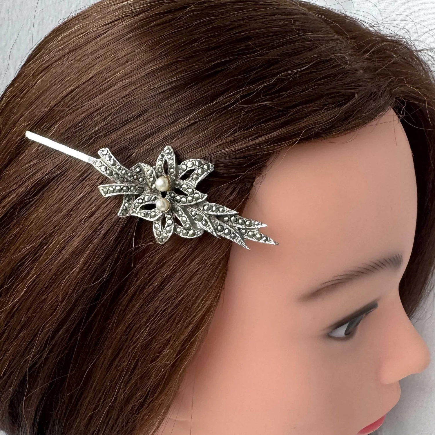 1930s Vintage Silver Marcasite Pearl Flower Hair Pin  display picture 2