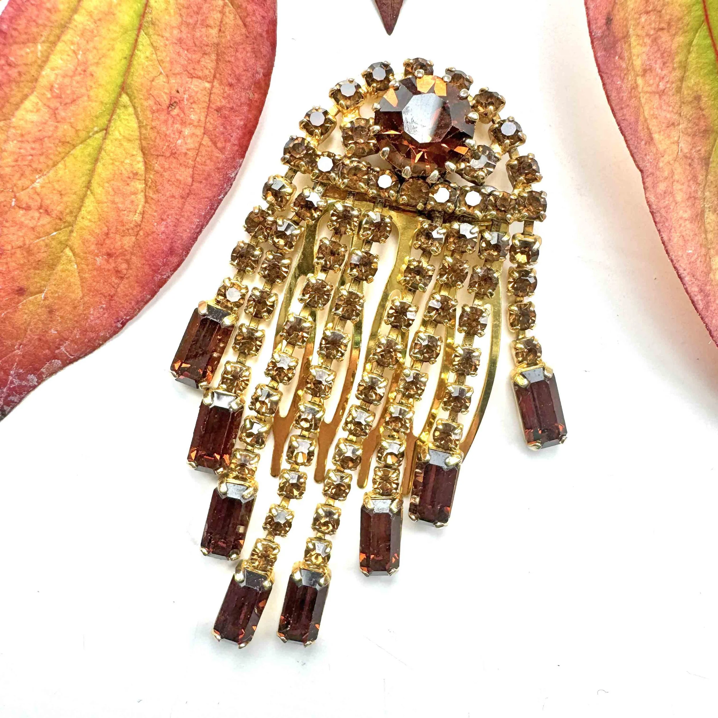 Vintage Topaz Rhinestone Waterfall Hair Comb VA494