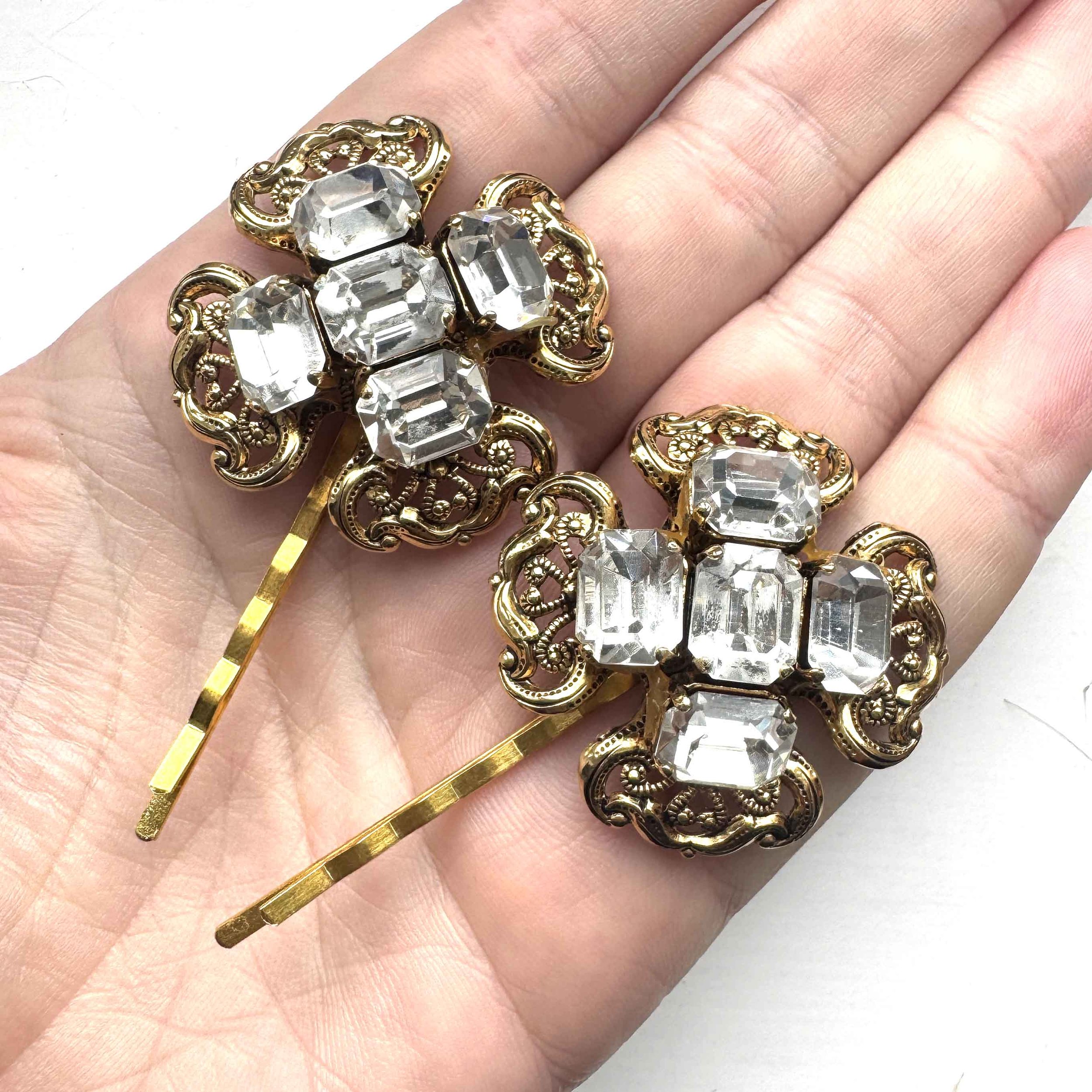 vintage gold rhinestone statement hair slides, vintage hair accessories