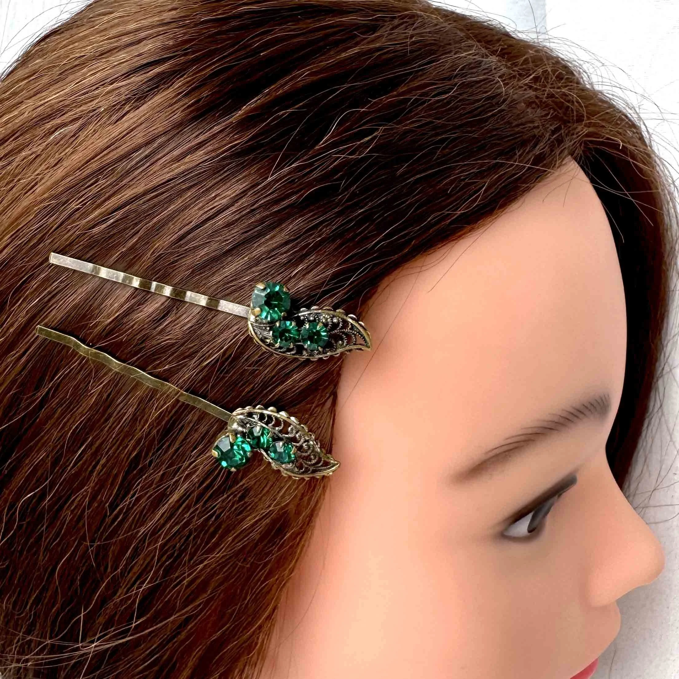 1930s vintage dark green rhinestone hair clips, vintage hair accessories