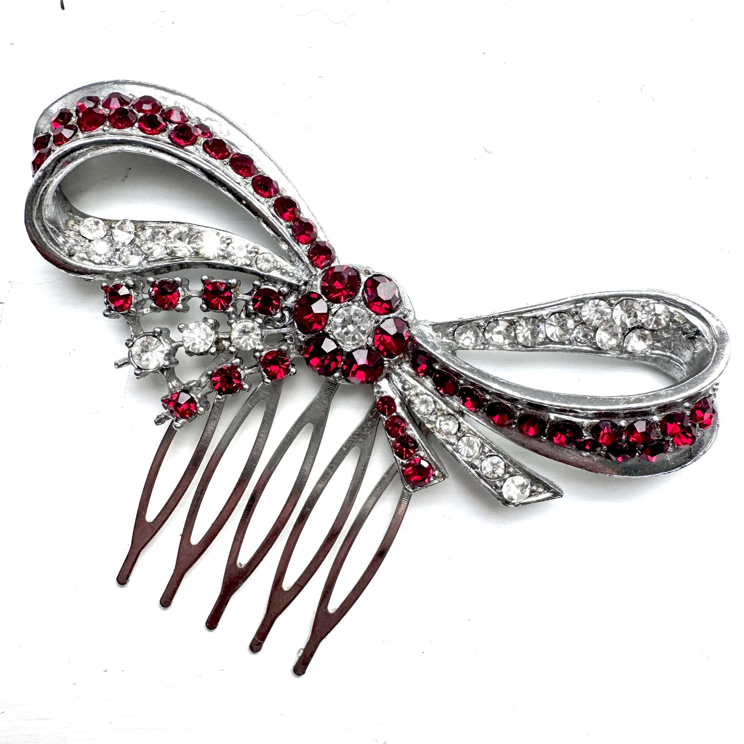 vintage red rhinestone hair comb, vintage hair comb, vintage hair accessories