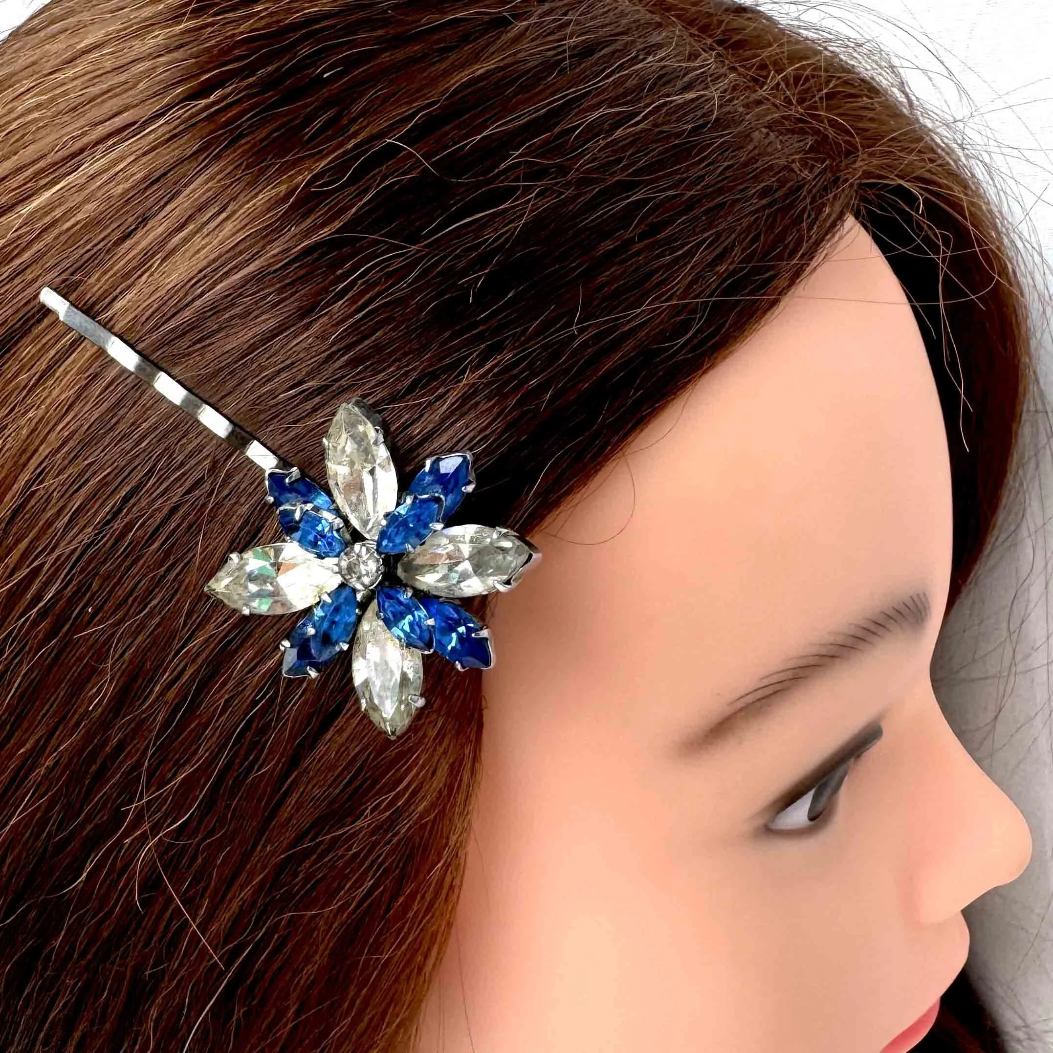 1950s vintage blue rhinestone hair clip, vintage hair accessories