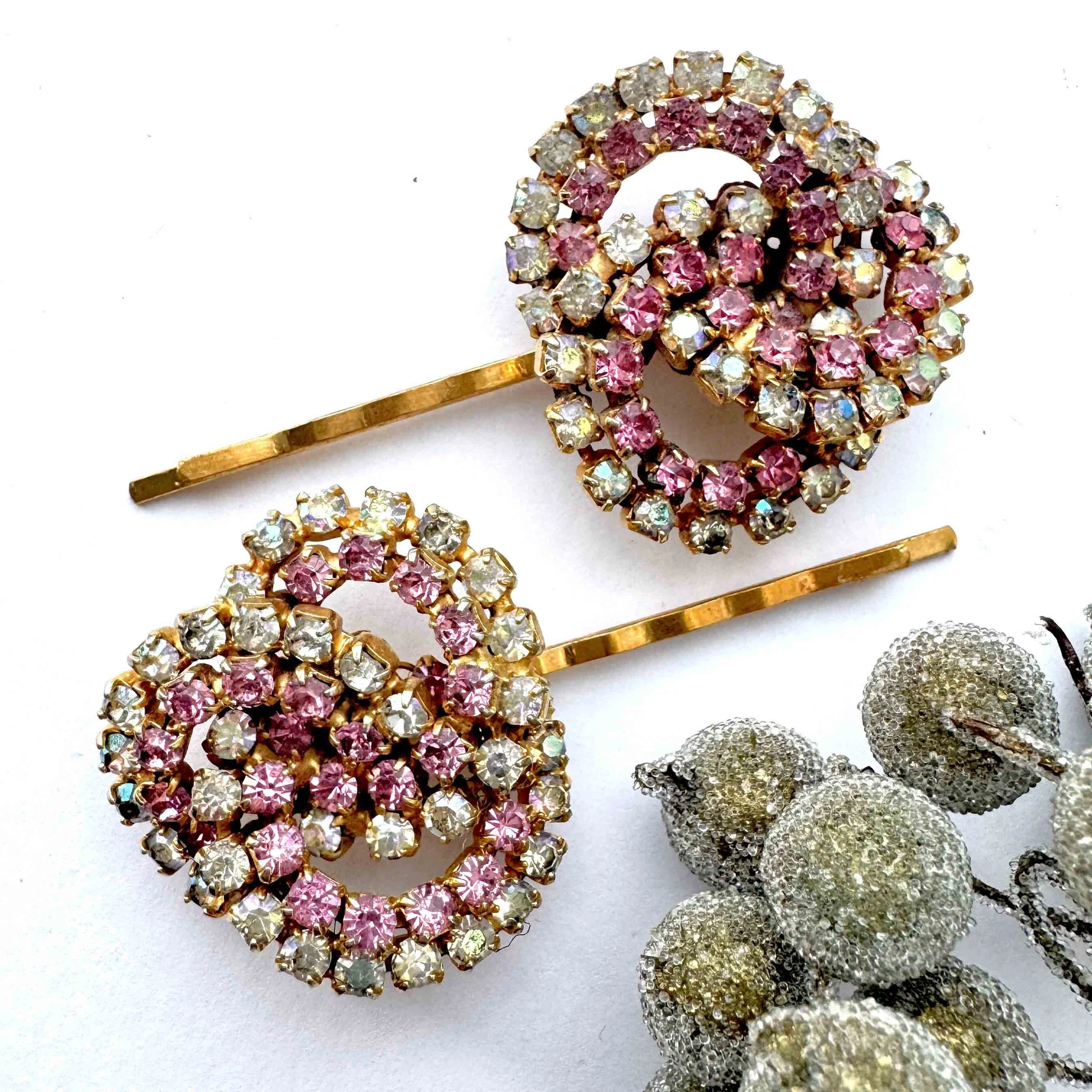 1950s Vintage Pink Jewelled Hair Pins - vintage hair accessories