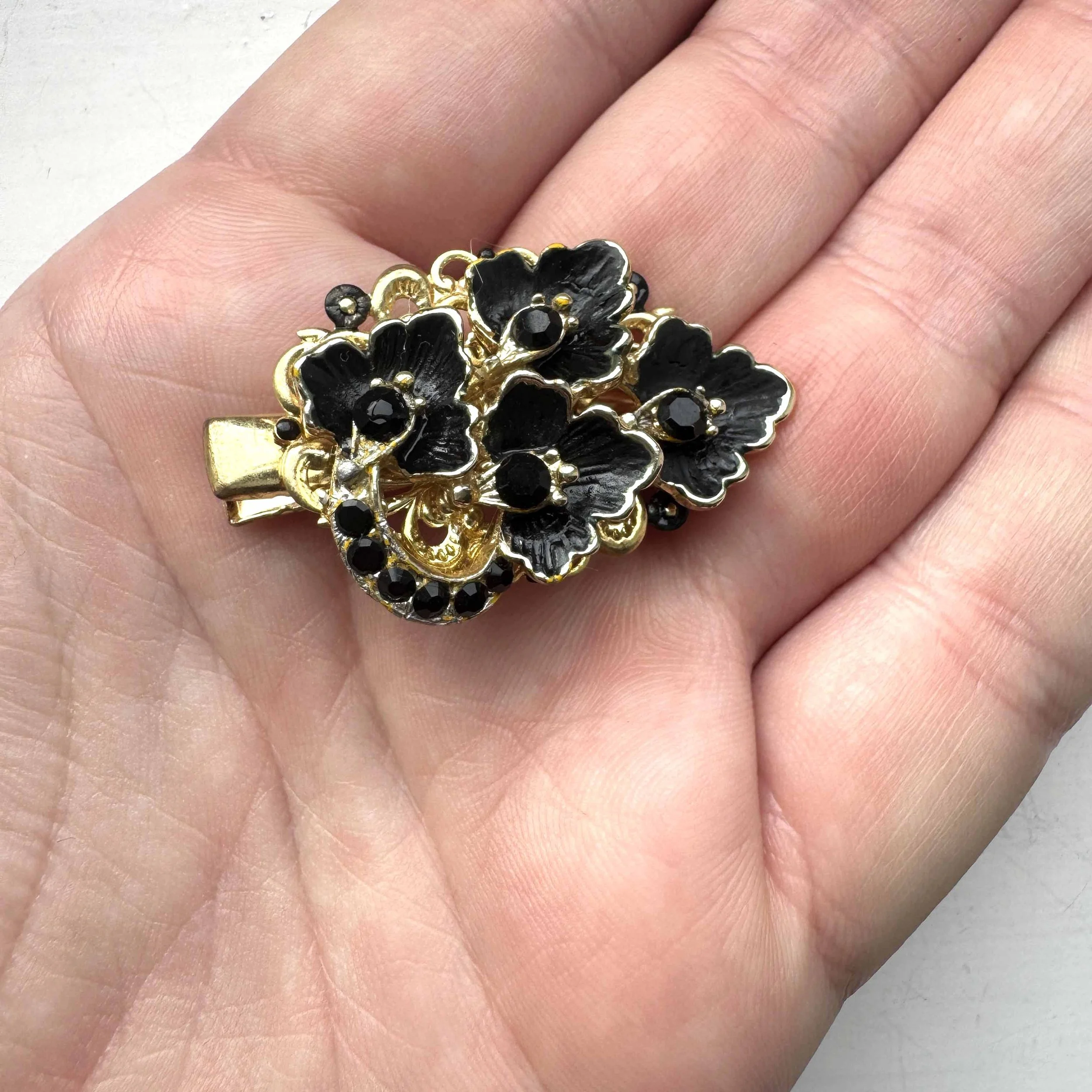 vintage jewelled black gold hair clip, vintage hair accessories