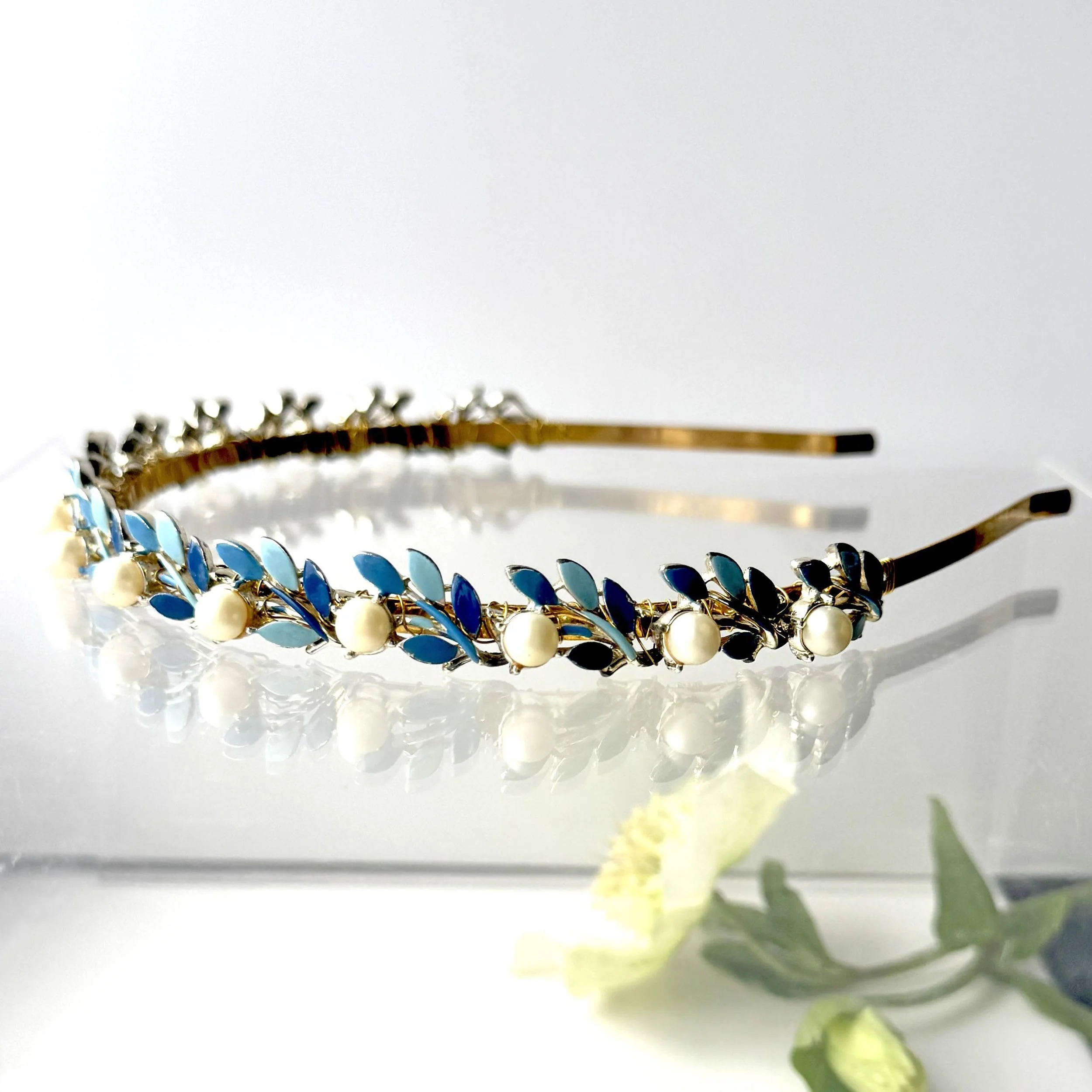 1950s vintage blue wedding headband with pearls, vintage hair accessories
