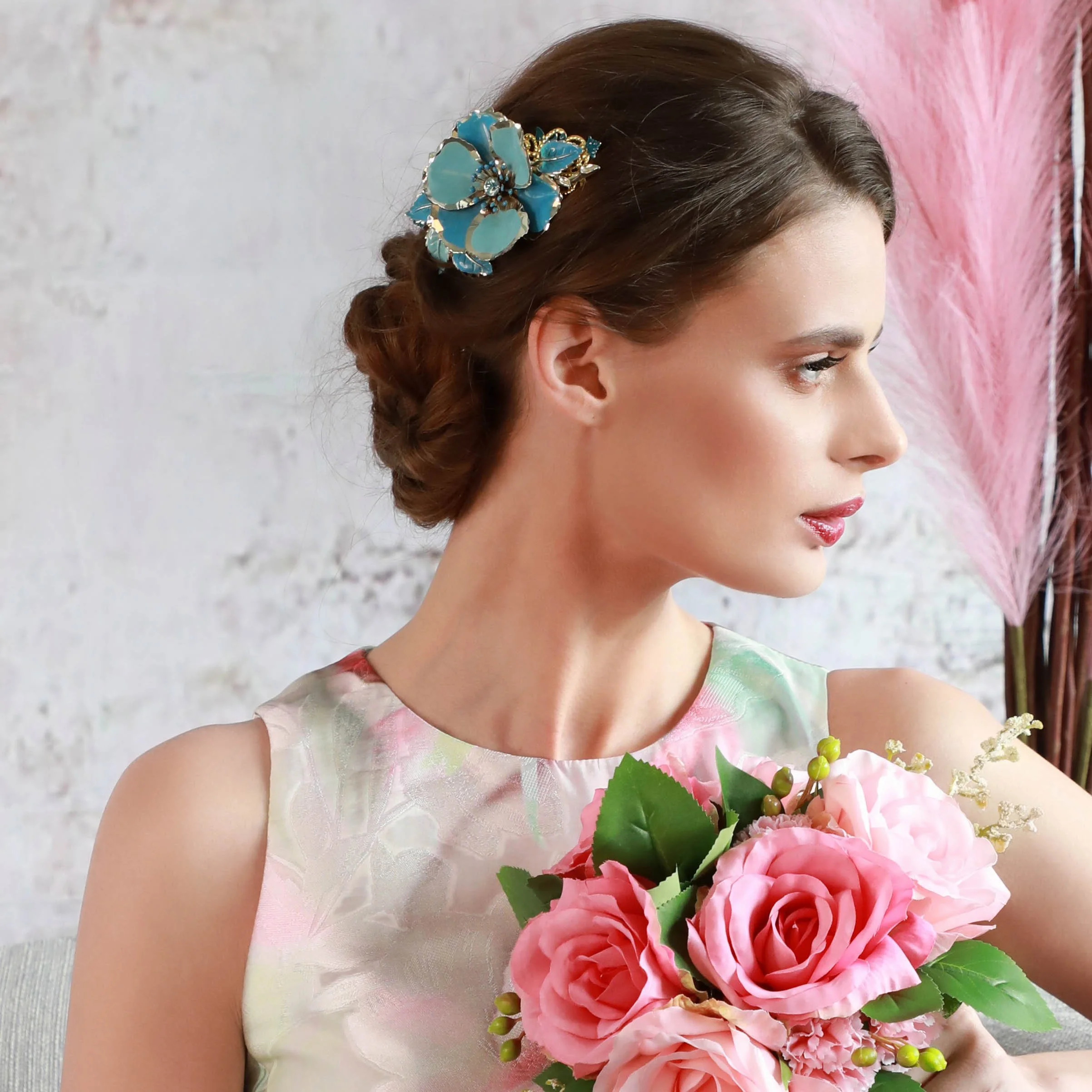 1950s vintage blue flower wedding hair comb, vintage hair accessories