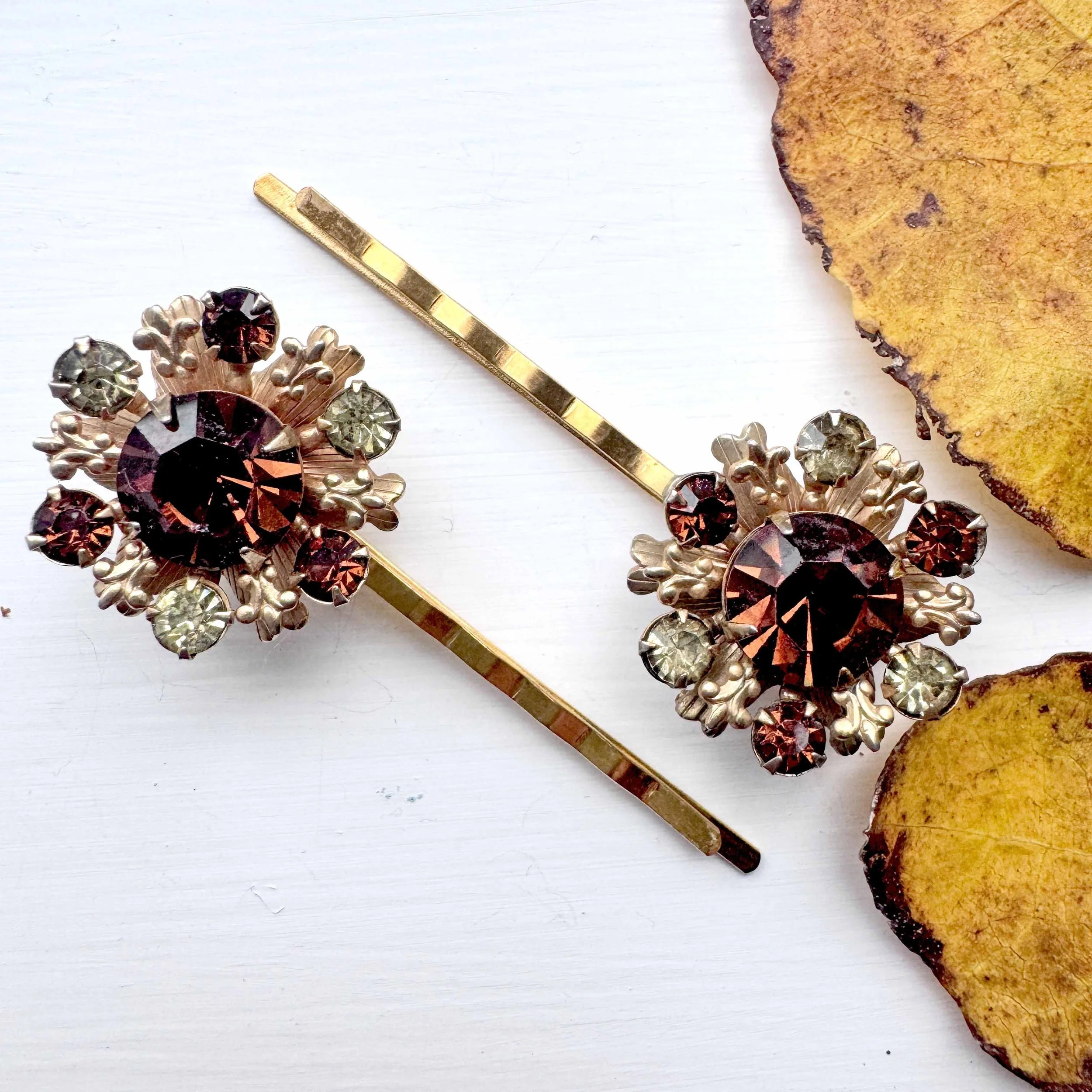 Pair Vintage Amber Rhinestone Hair Pins VA1301