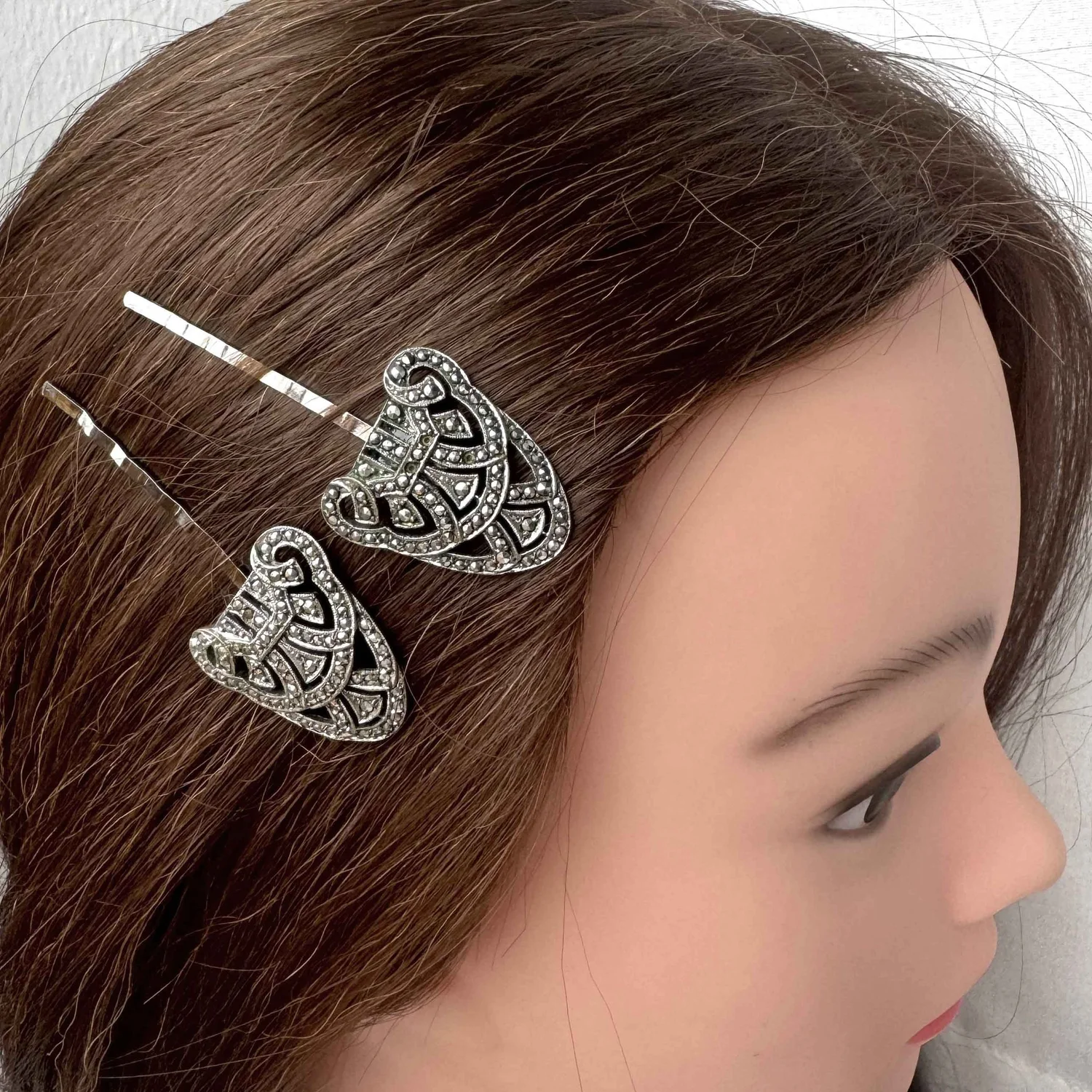 Vintage Art Deco Silver Marcasite Hair Pins - vintage hair 