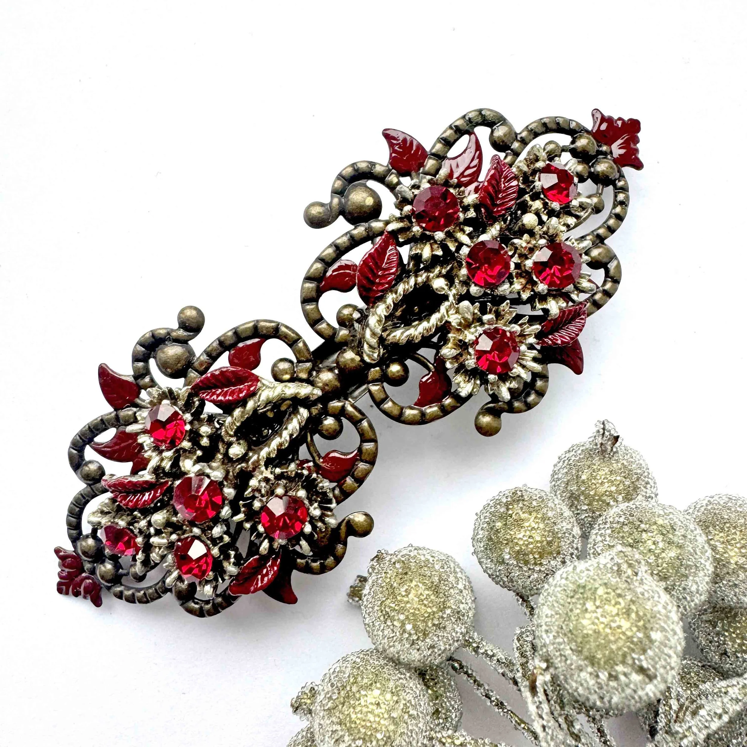 vintage 1950s ruby red jewelled hair barrette, vintage hair accessories