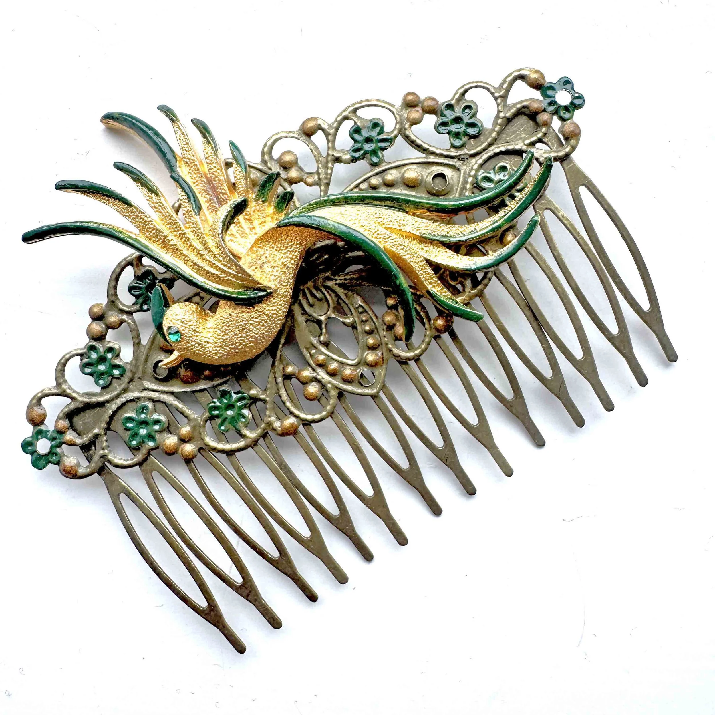 1950s green vintage bird hair comb, vintage hair accessories