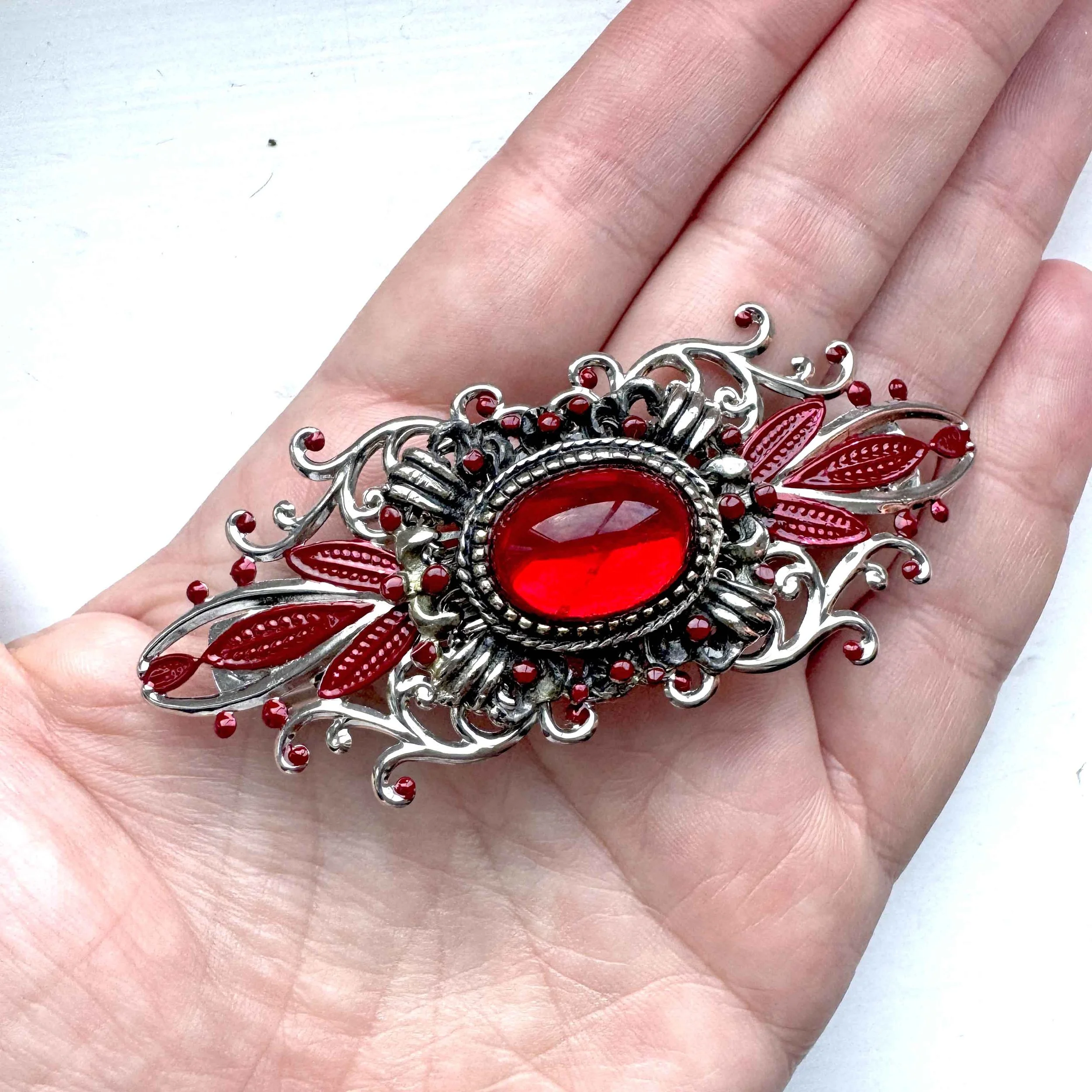 vintage hair barrette, red antique hair barrette, vintage hair accessories