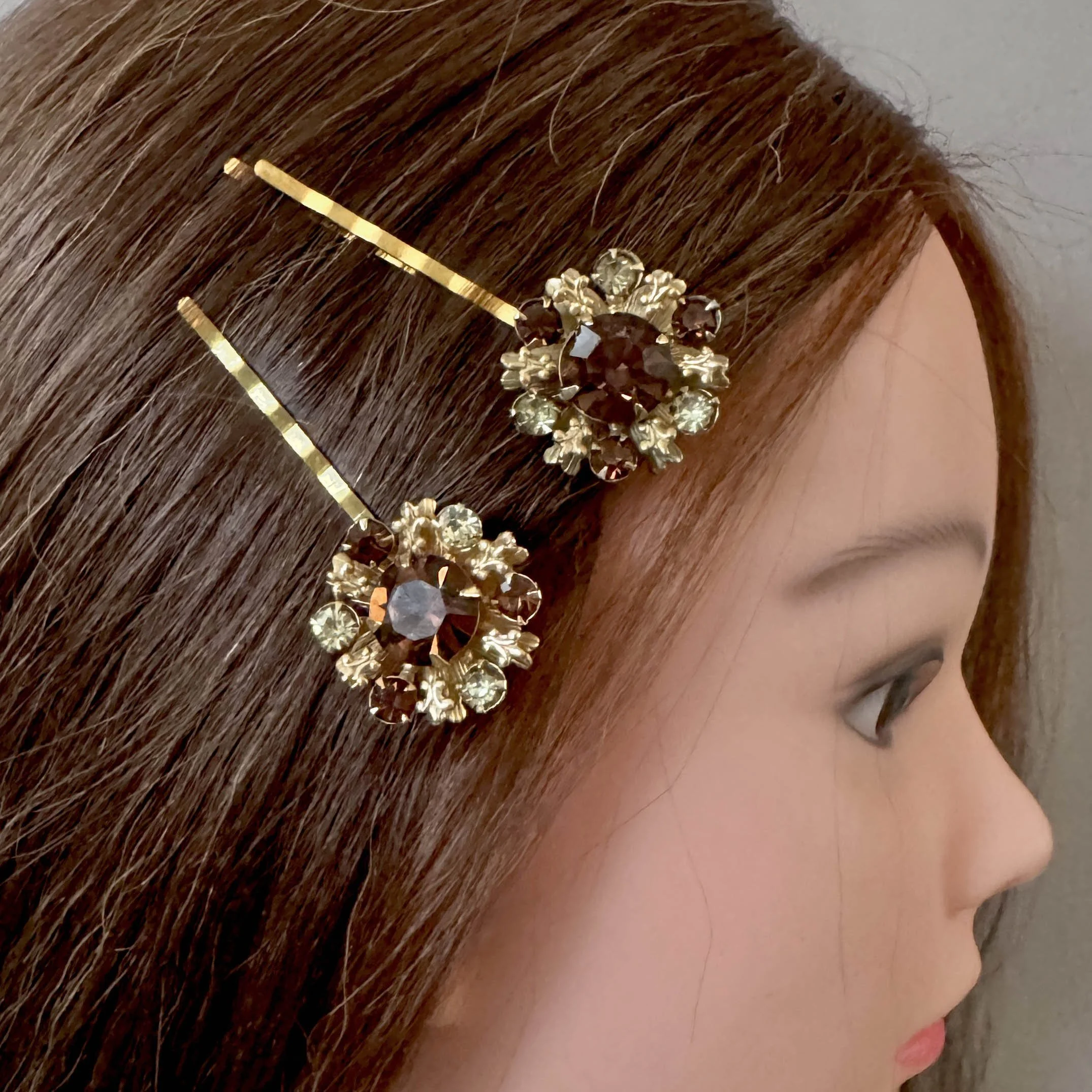 vintage amber rhinestone hair clips, vintage hair accessories