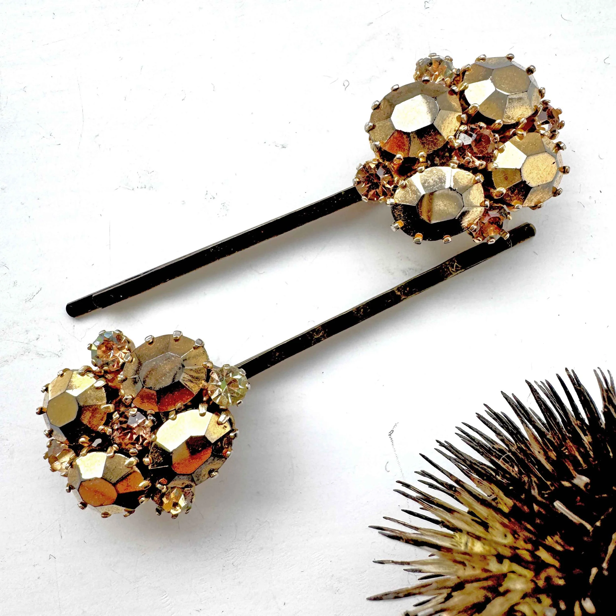 Pair Vintage Metallic Gold Rhinestone Hair Pins VA1237