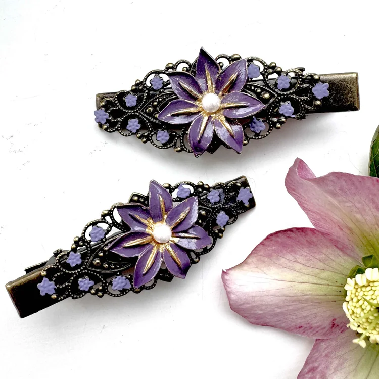 Barrette à Cheveux Clips Art Déco – Design Ovale Floral Avec Strass Bleus, Couleur Argenté Antique, Neuve Et Unique