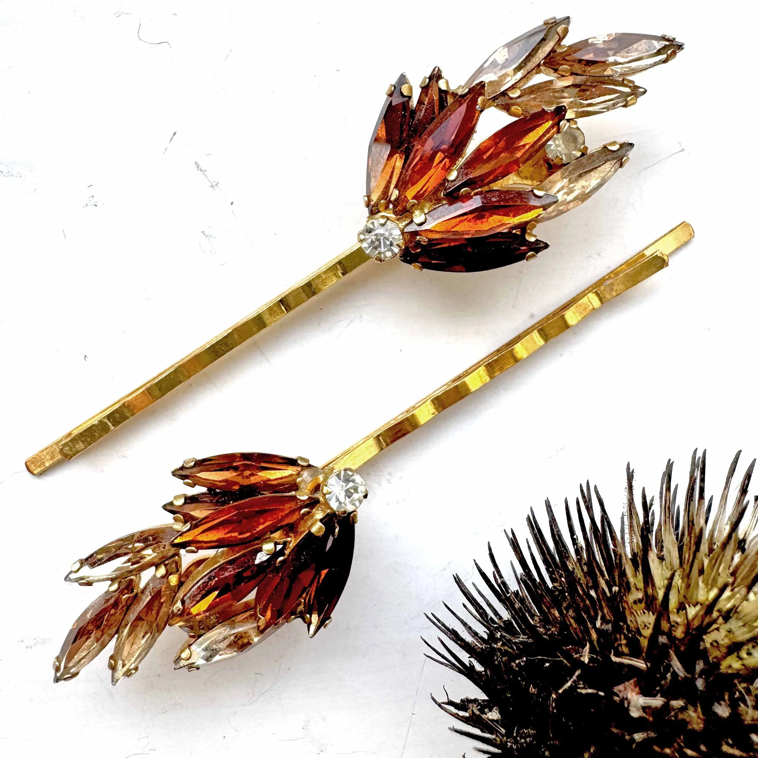 Pair Vintage Amber and Smokey Topaz Rhinestone Hair Pins VA1235