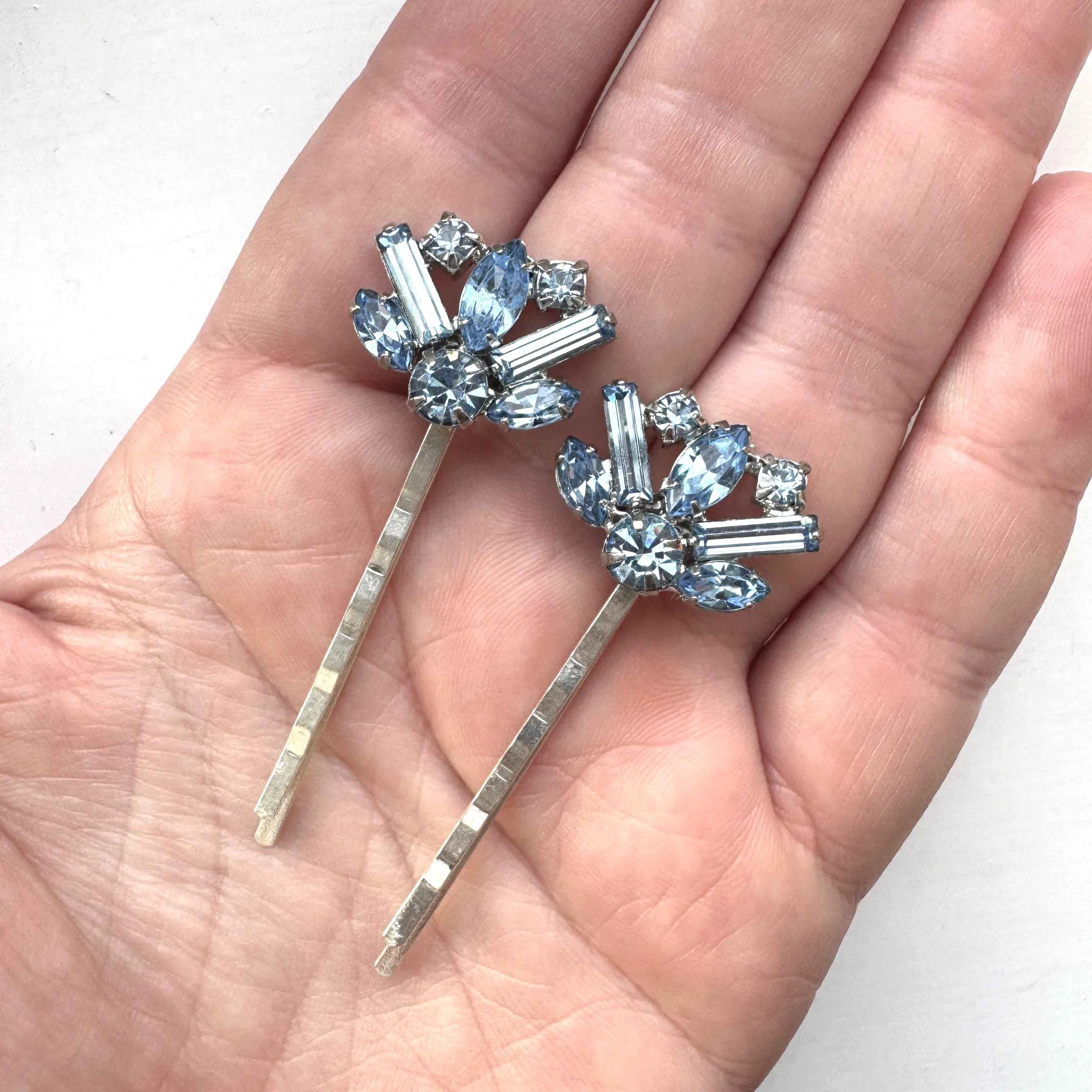vintage light blue rhinestone hair slides, vintage hair slides, vintage hair accessories