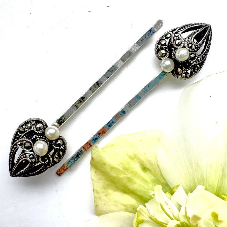 Vintage 1930s Silver Marcasite Leaf Hair Pins - Vintage Hair  display picture 2