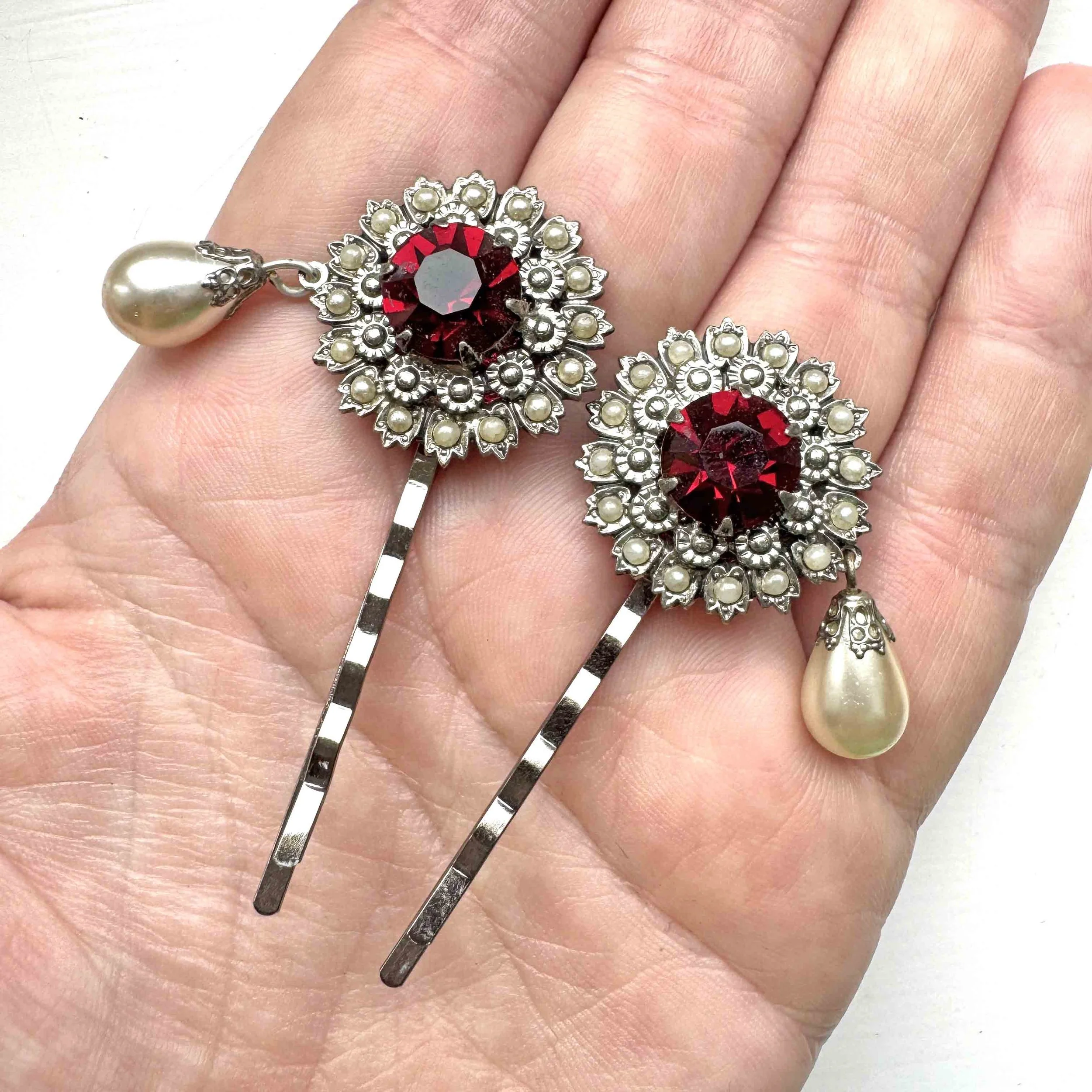 1930s vintage garnet red pearl hair slides, vintage hair accessories