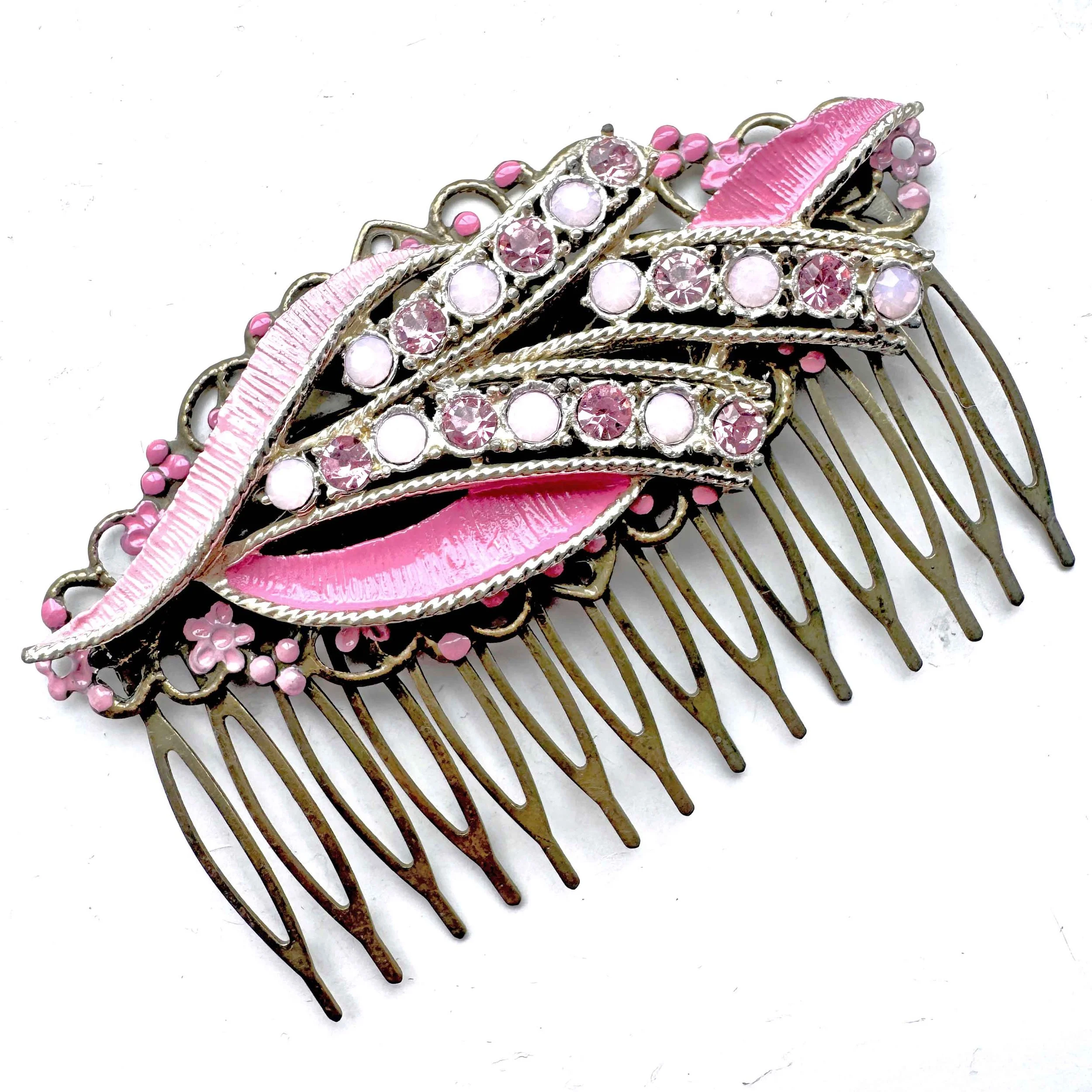 vintage 1950s statement pink rhinestone jewelled bridal wedding hair clip