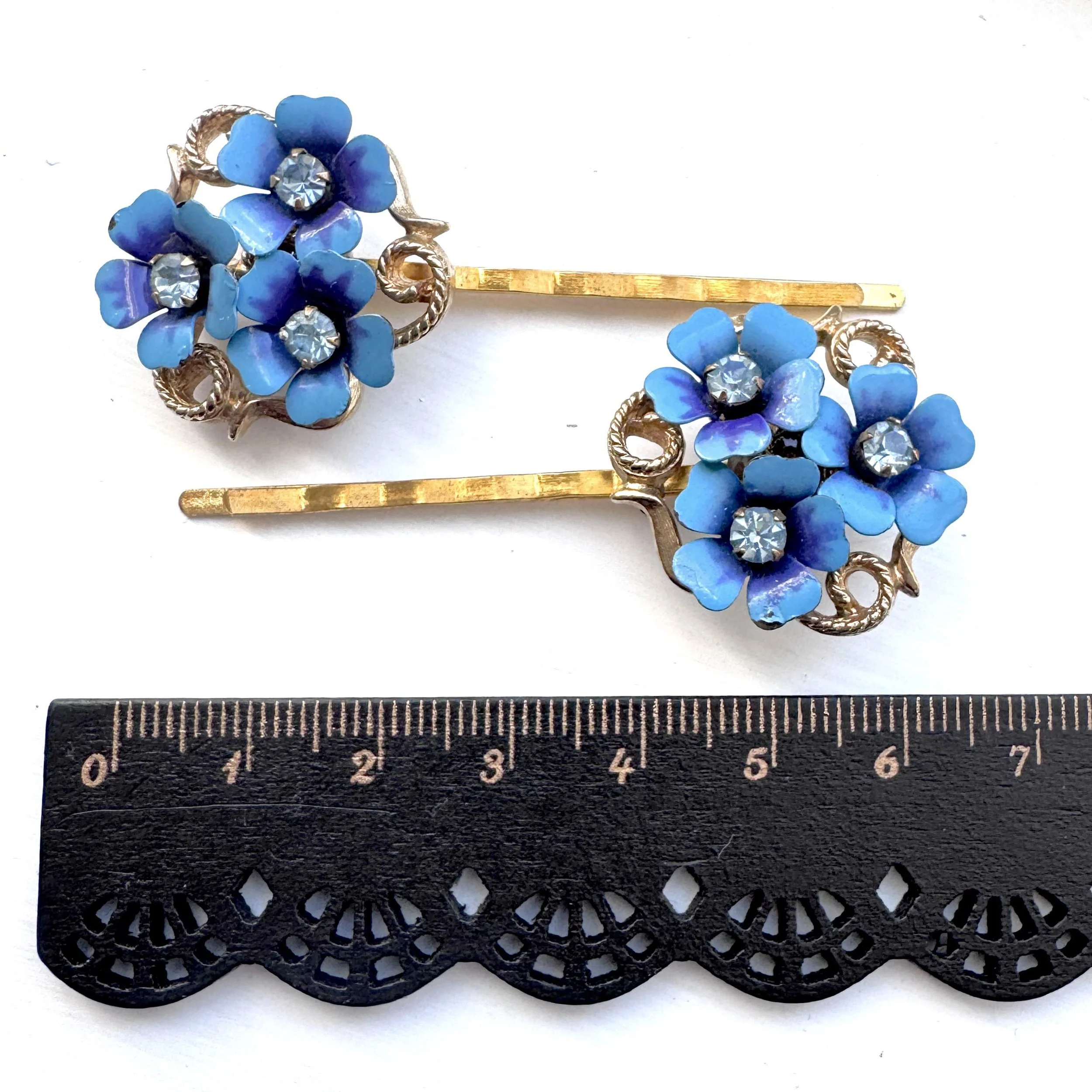 antique blue flower hair pins, vintage hair accessories