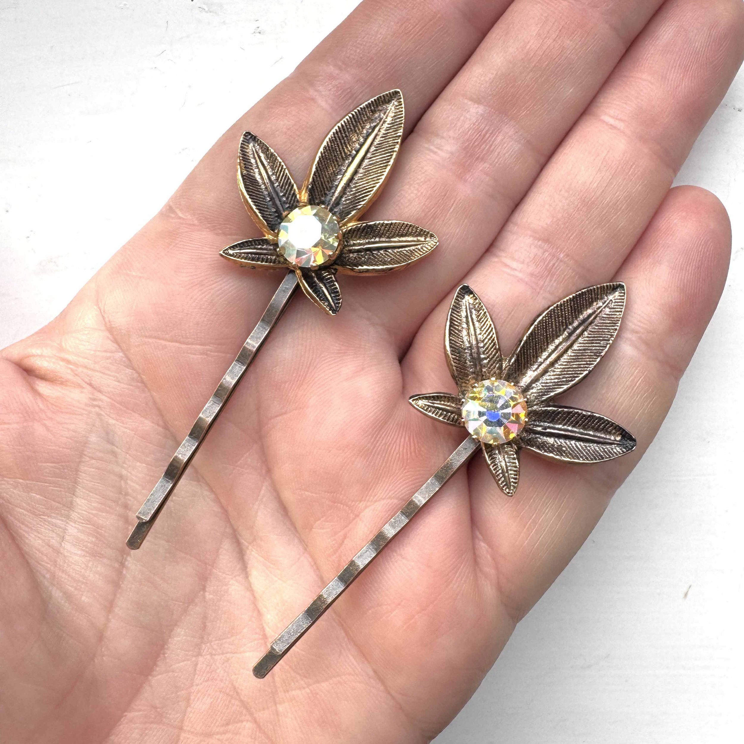 vintage bronze leaf hair slides, vintage hair slides, vintage hair accessories
